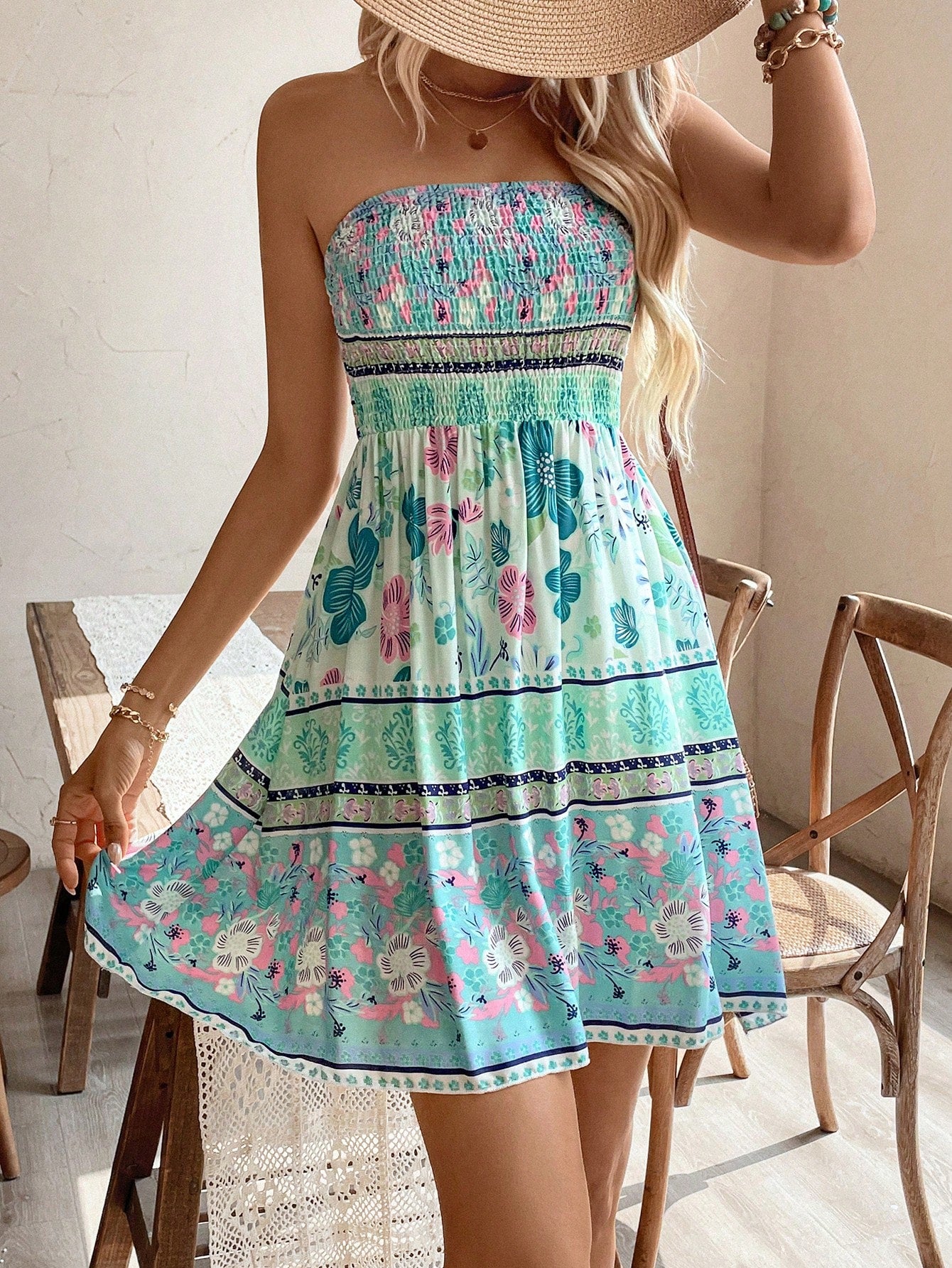 Holidaya Summer Strapless  Printed Scoop Neck A-Line Dress