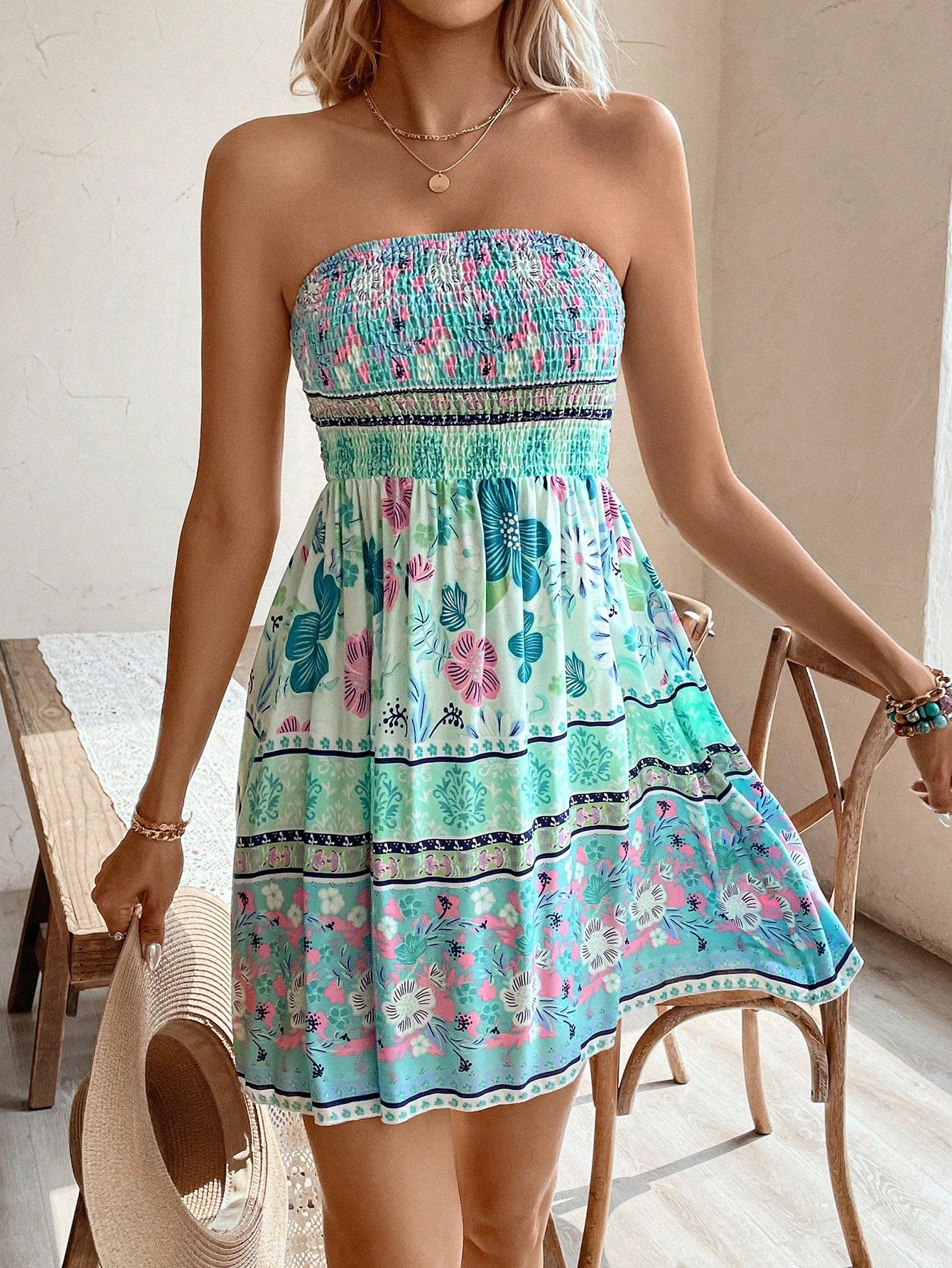 Holidaya Summer Strapless  Printed Scoop Neck A-Line Dress