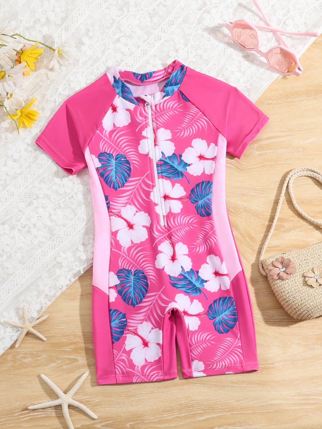 Young Girls' Floral Zipper Half Front One-Piece Swimsuit