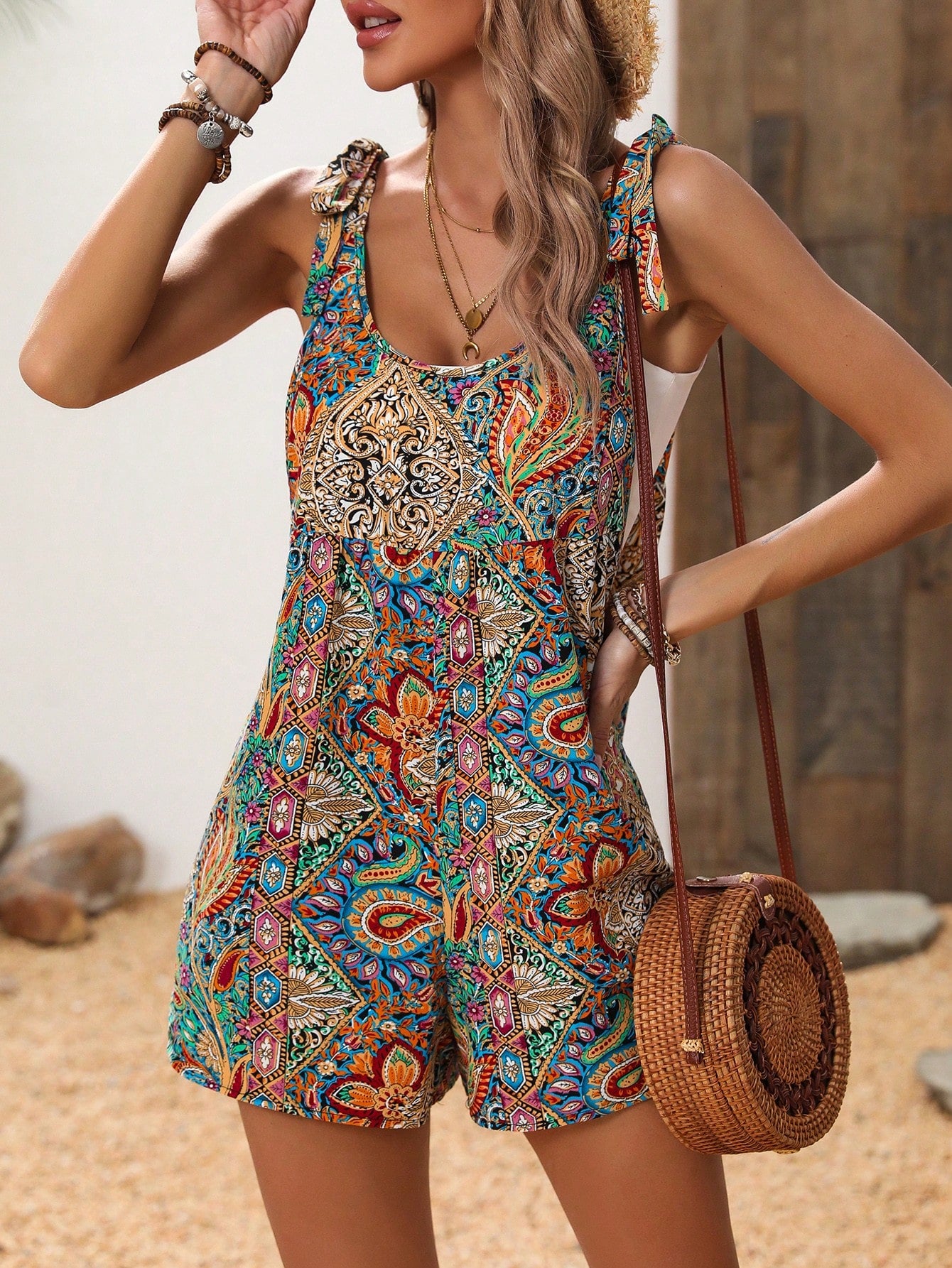 VCAY Women Summer Vacation Style Loose Fit Sleeveless Romper With Waist Tie And Paisley Print