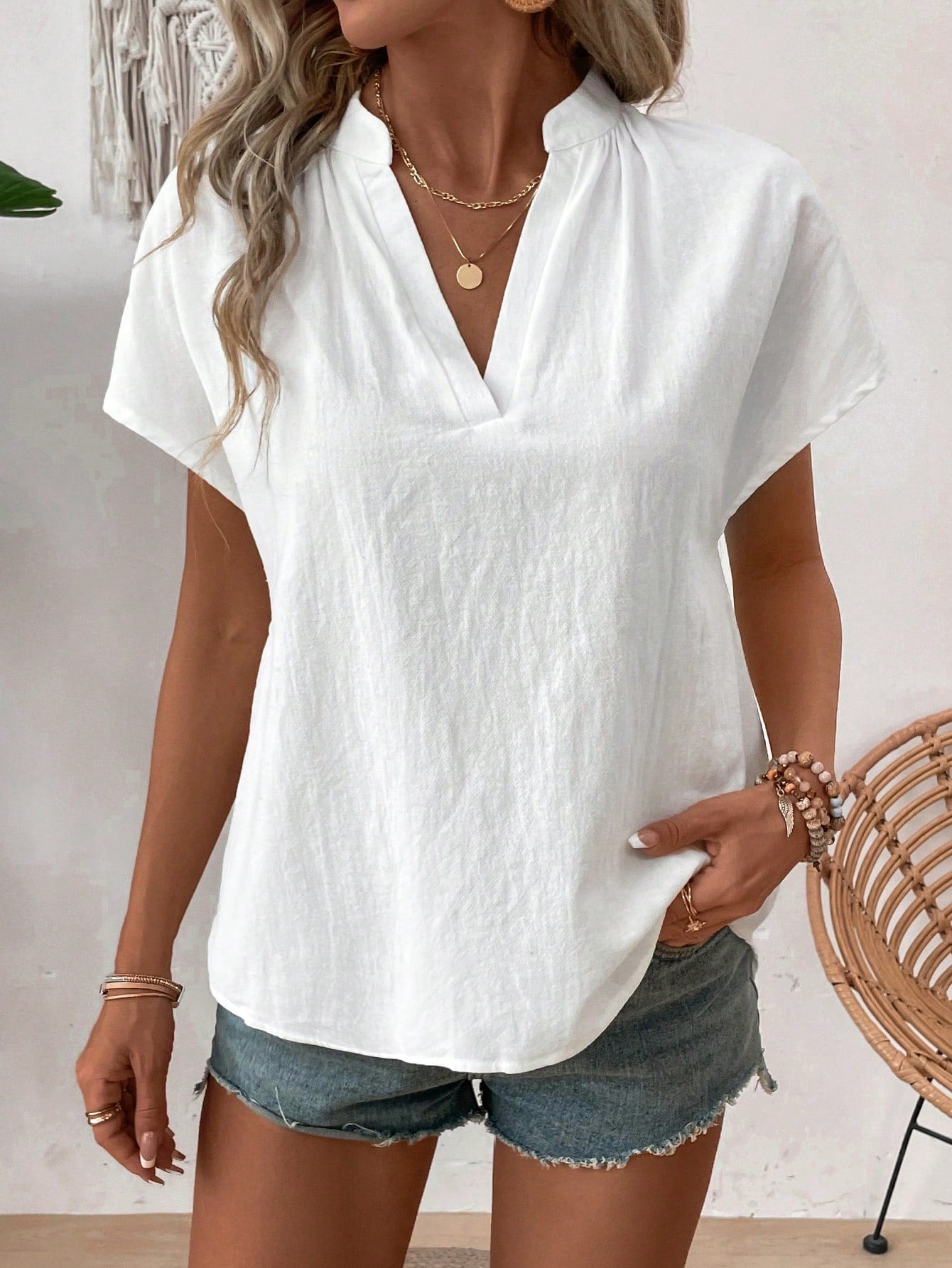 Essnce Summer Casual Shirt With Texture And Simple Batwing Sleeves And Notched Collar