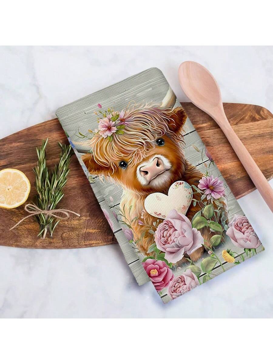 2 Highland Cow Kitchen Dish Towels 45x70 Cm Country Farmhouse Cutlery Cute Cow Decor Hand Tea Towel For Kitchen Home Cooking Baking Cleaning,