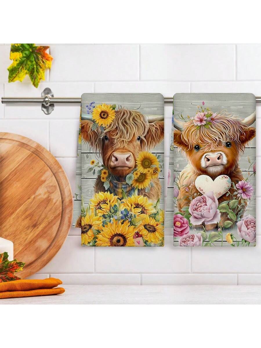 2 Highland Cow Kitchen Dish Towels 45x70 Cm Country Farmhouse Cutlery Cute Cow Decor Hand Tea Towel For Kitchen Home Cooking Baking Cleaning,