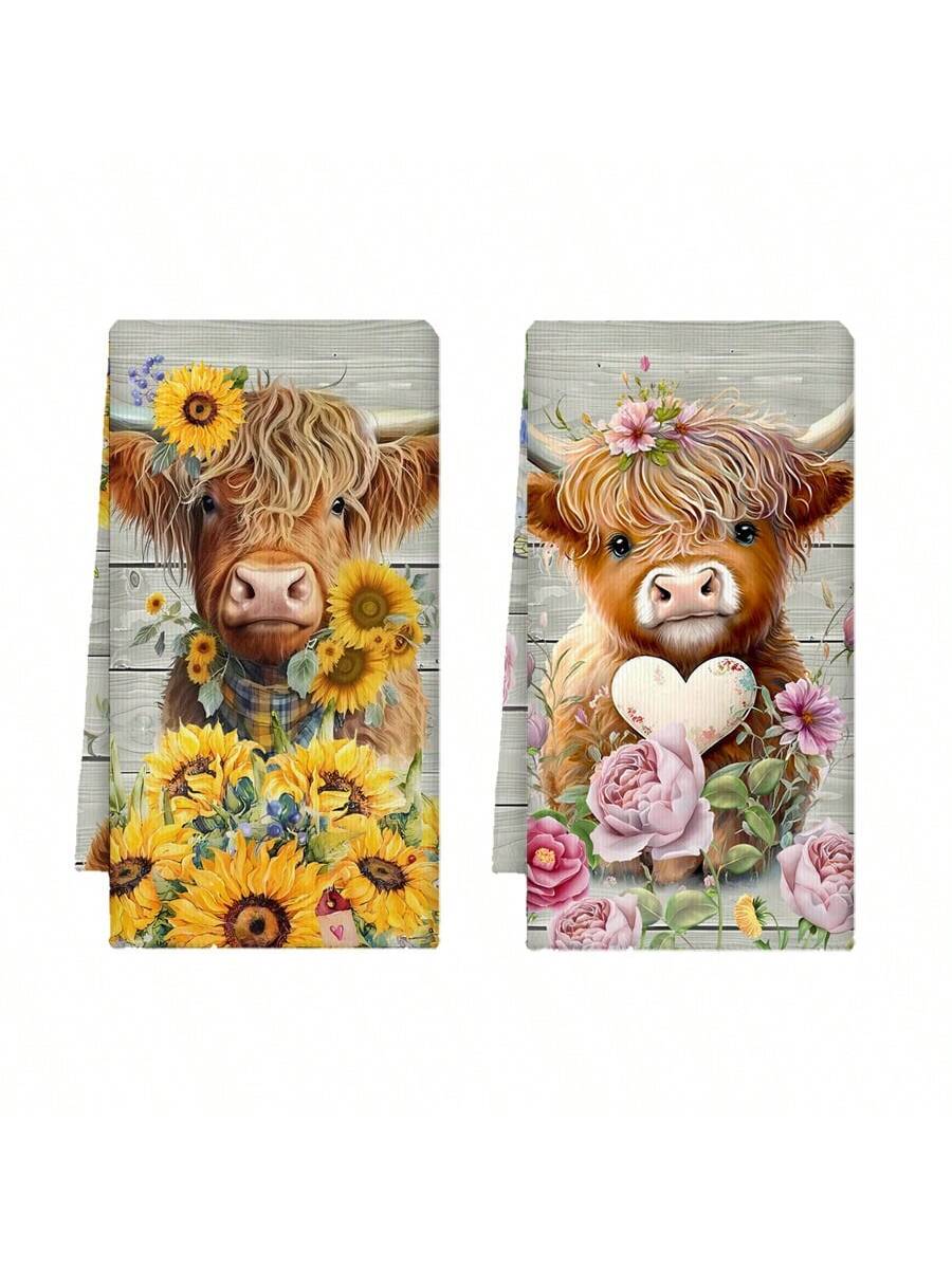 2 Highland Cow Kitchen Dish Towels 45x70 Cm Country Farmhouse Cutlery Cute Cow Decor Hand Tea Towel For Kitchen Home Cooking Baking Cleaning,