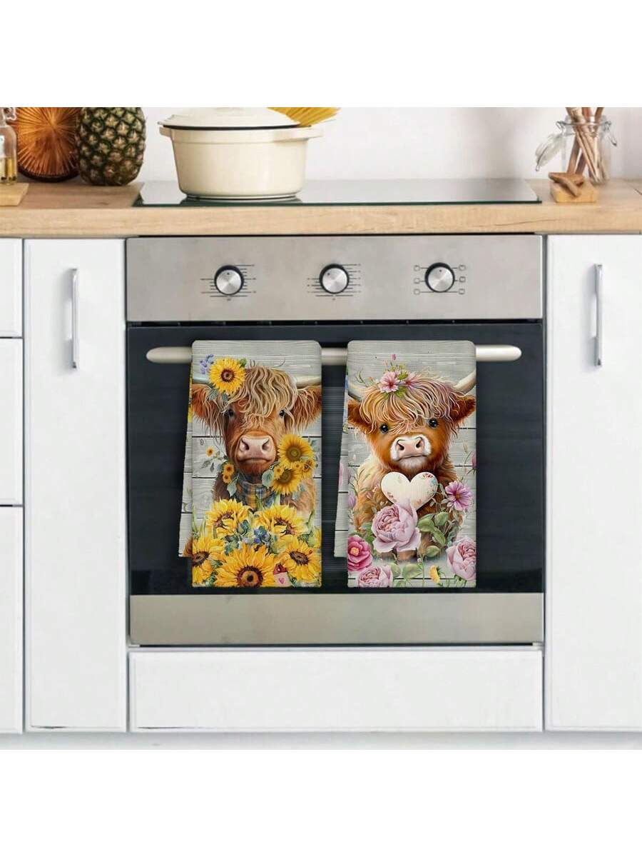 2 Highland Cow Kitchen Dish Towels 45x70 Cm Country Farmhouse Cutlery Cute Cow Decor Hand Tea Towel For Kitchen Home Cooking Baking Cleaning,