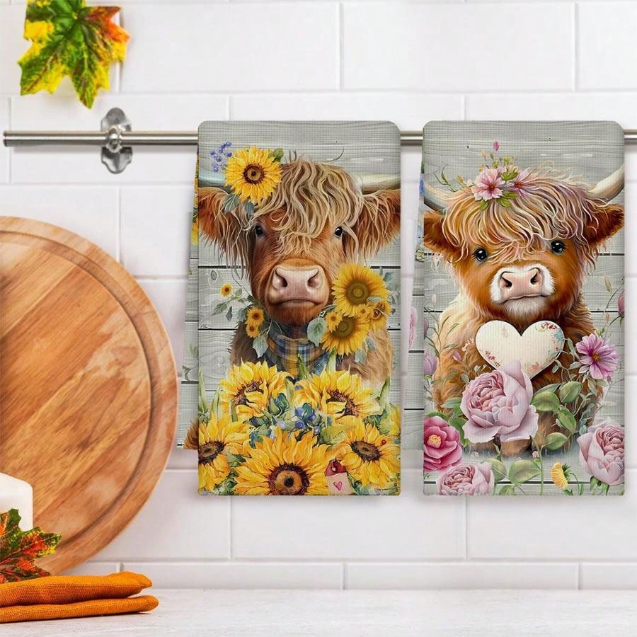 2 Highland Cow Kitchen Dish Towels 45x70 Cm Country Farmhouse Cutlery Cute Cow Decor Hand Tea Towel For Kitchen Home Cooking Baking Cleaning,