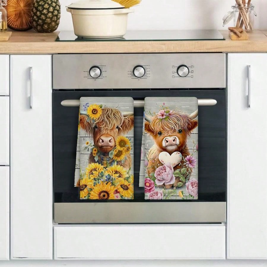 2 Highland Cow Kitchen Dish Towels 45x70 Cm Country Farmhouse Cutlery Cute Cow Decor Hand Tea Towel For Kitchen Home Cooking Baking Cleaning,