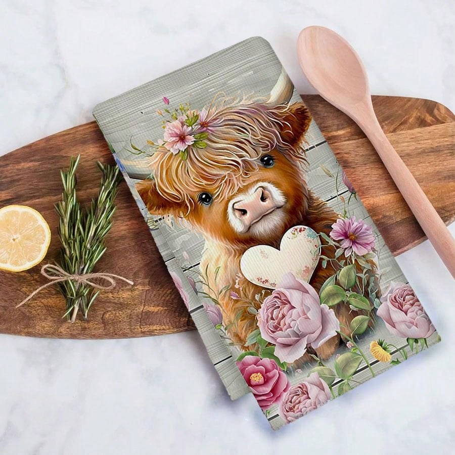 2 Highland Cow Kitchen Dish Towels 45x70 Cm Country Farmhouse Cutlery Cute Cow Decor Hand Tea Towel For Kitchen Home Cooking Baking Cleaning,