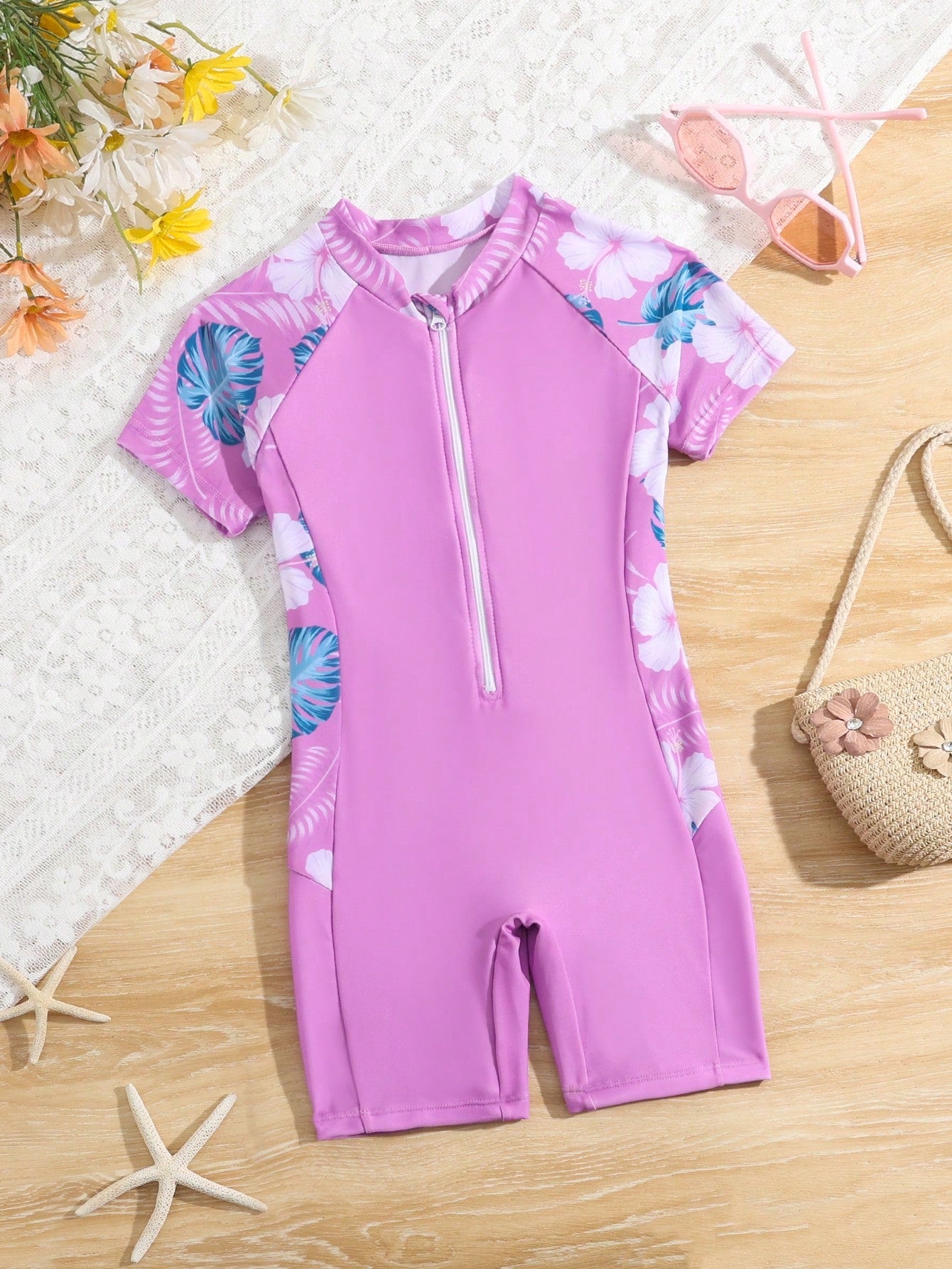 Young Girls' Floral Zipper Half Front One-Piece Swimsuit