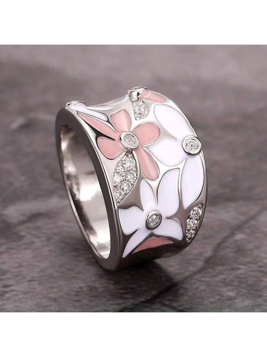 1pc Vintage Elegant Enamel Floral Design Micro-Inlaid Cubic Zirconia & Resin Women Ring