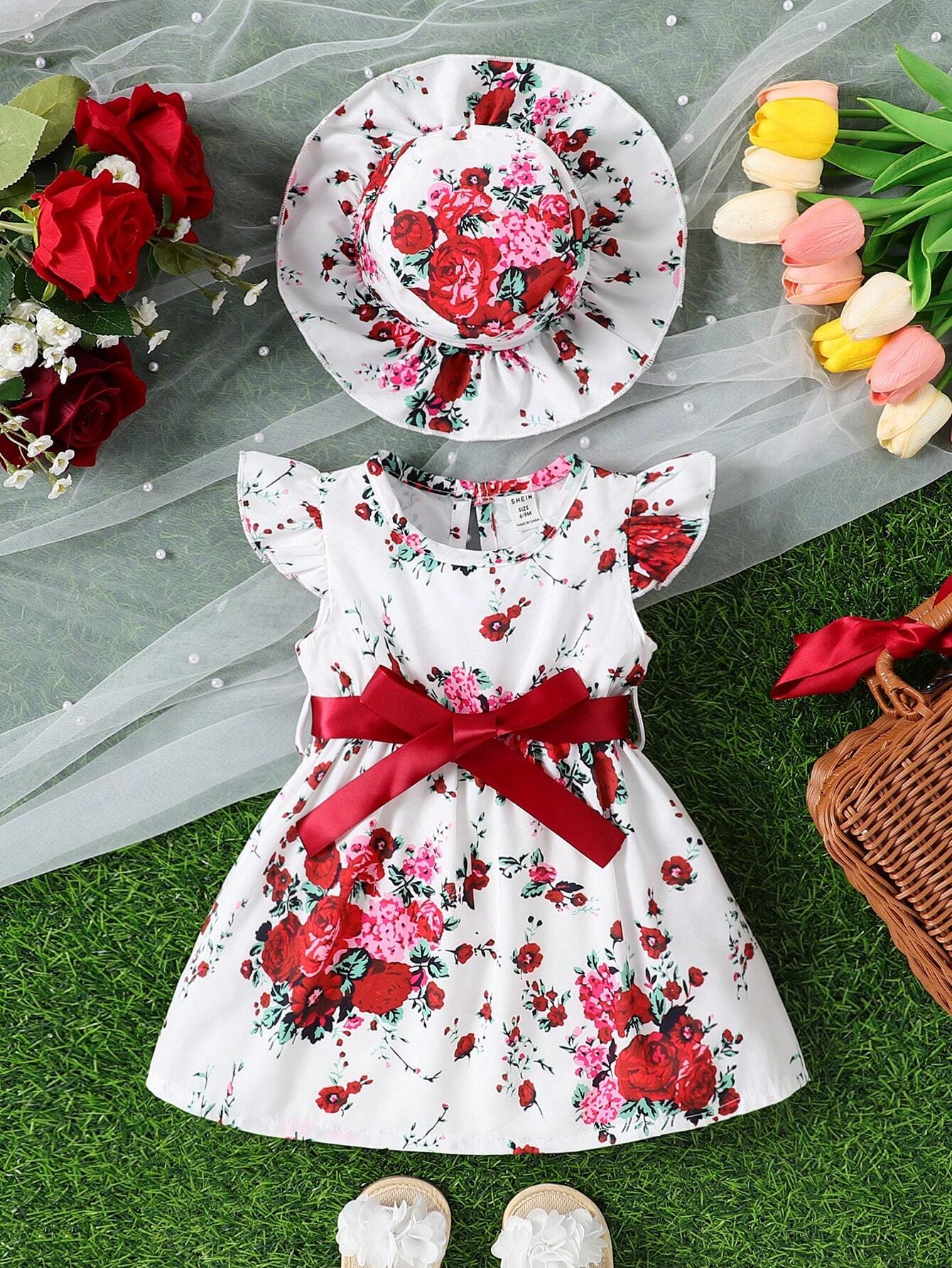 Souflis Baby Girl Butterfly Print Ruffle Trim Dress With Hat