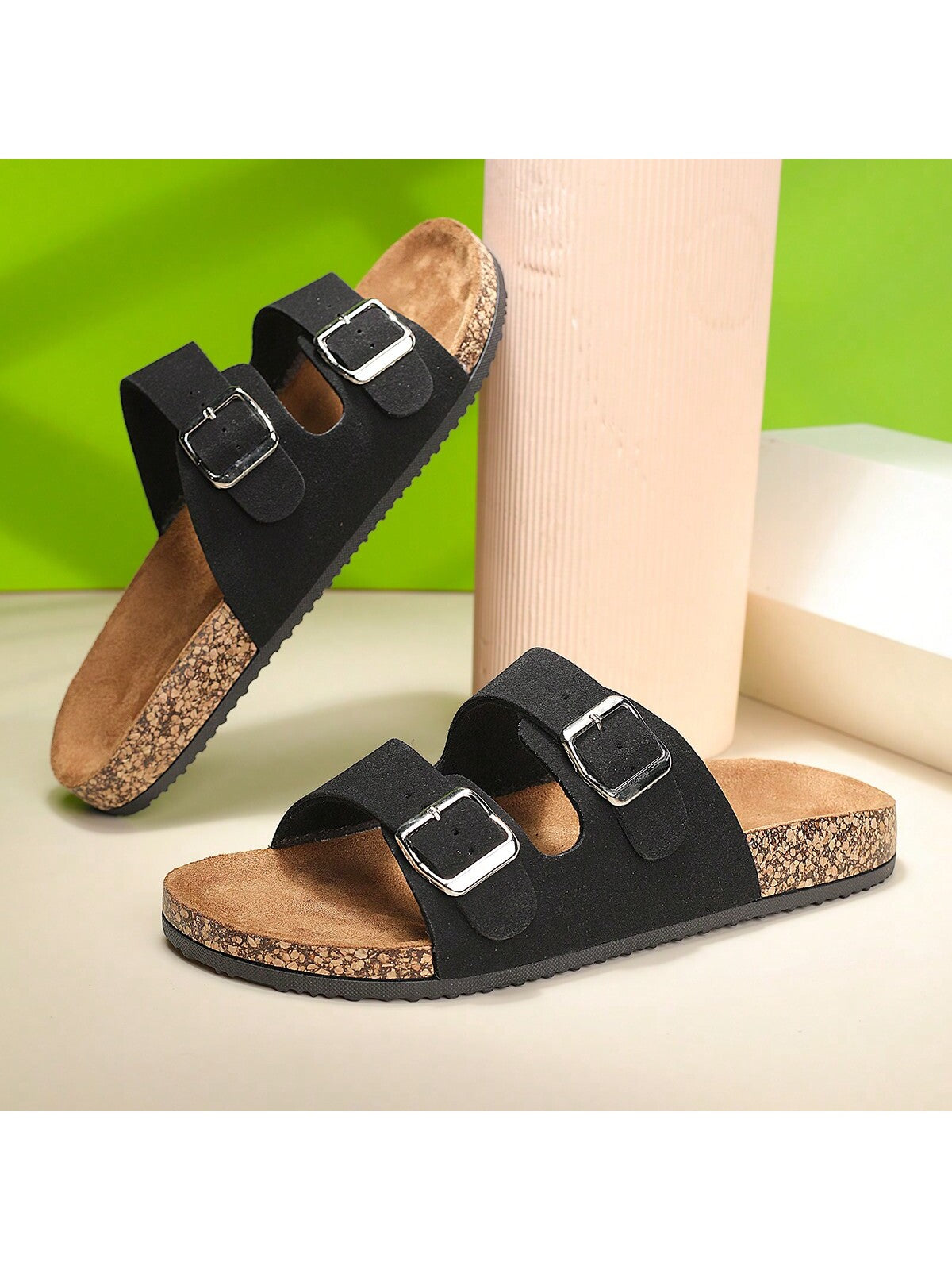 Trendy And Fashionable Buckle Flat Cork Slippers With Vacation Vibes For Men And Women, One-Button Outdoor Casual Sandals For Summer Beach