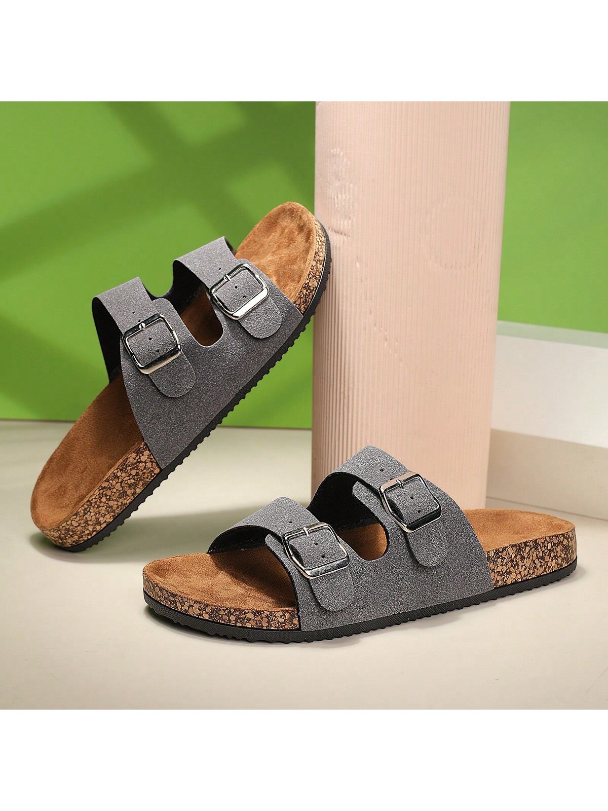 Trendy And Fashionable Buckle Flat Cork Slippers With Vacation Vibes For Men And Women, One-Button Outdoor Casual Sandals For Summer Beach