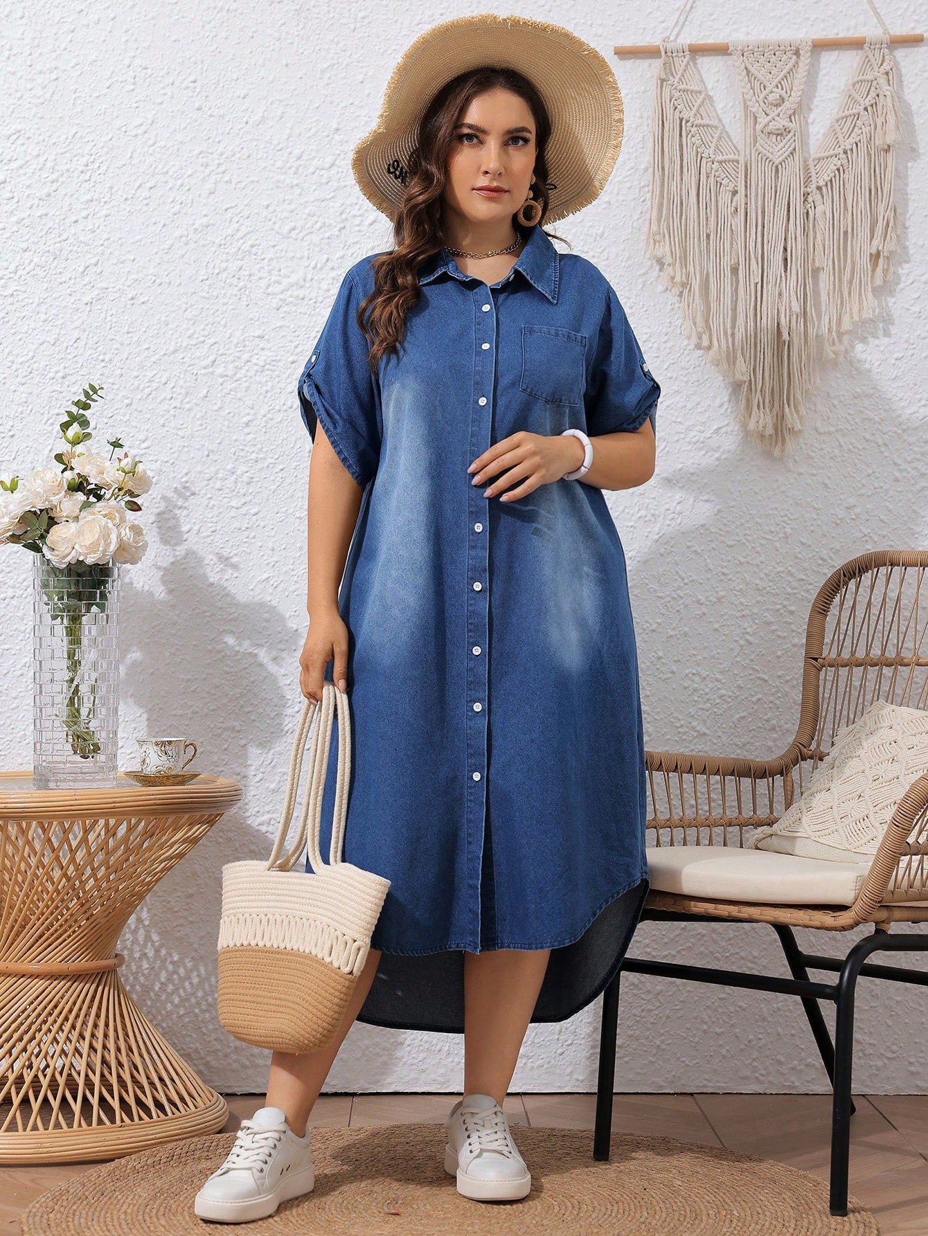 LUNE Plus Size Summer Denim Dress With Lapel Collar, Front Button Closure And Rolled Sleeves