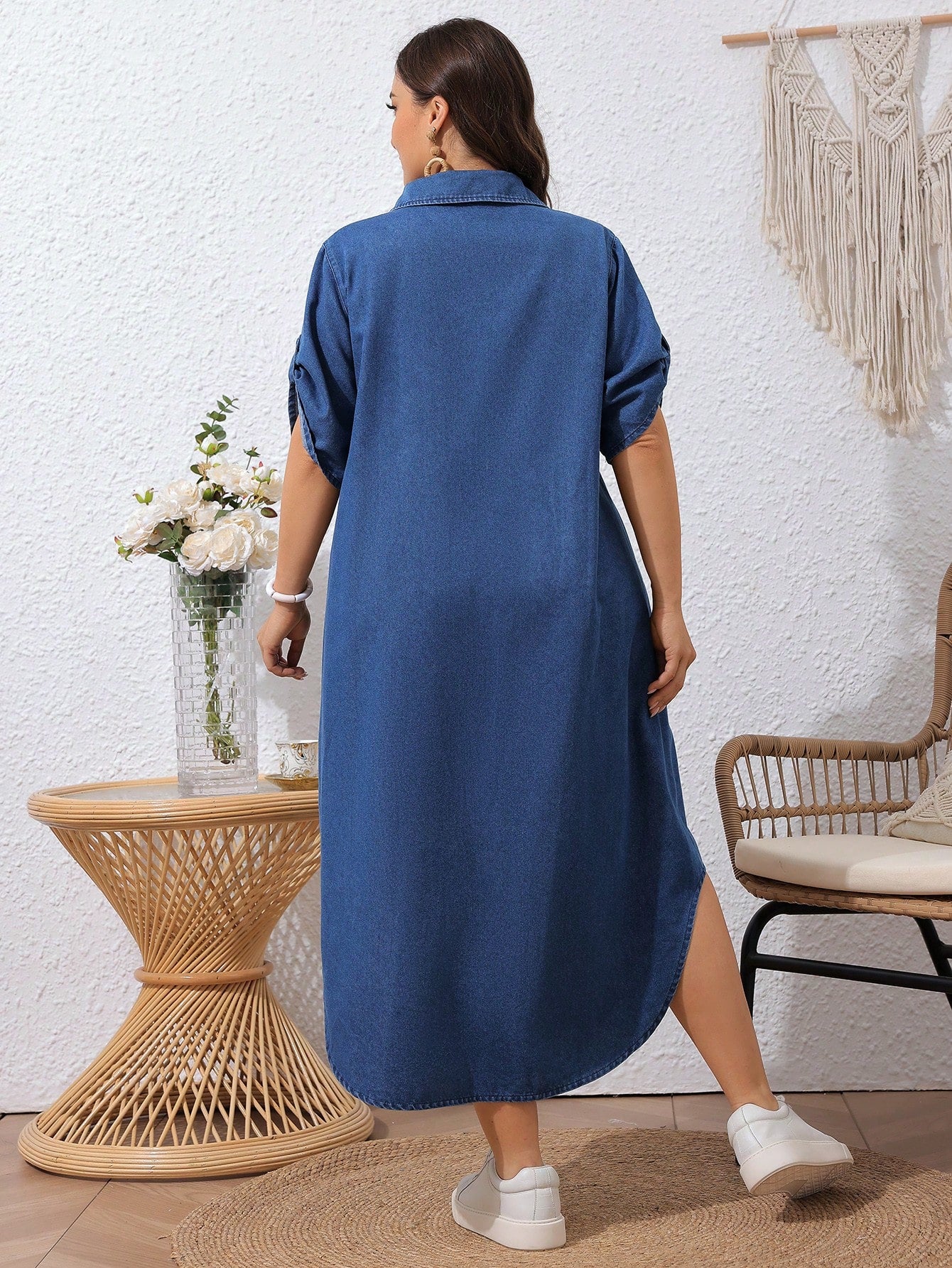 LUNE Plus Size Summer Denim Dress With Lapel Collar, Front Button Closure And Rolled Sleeves