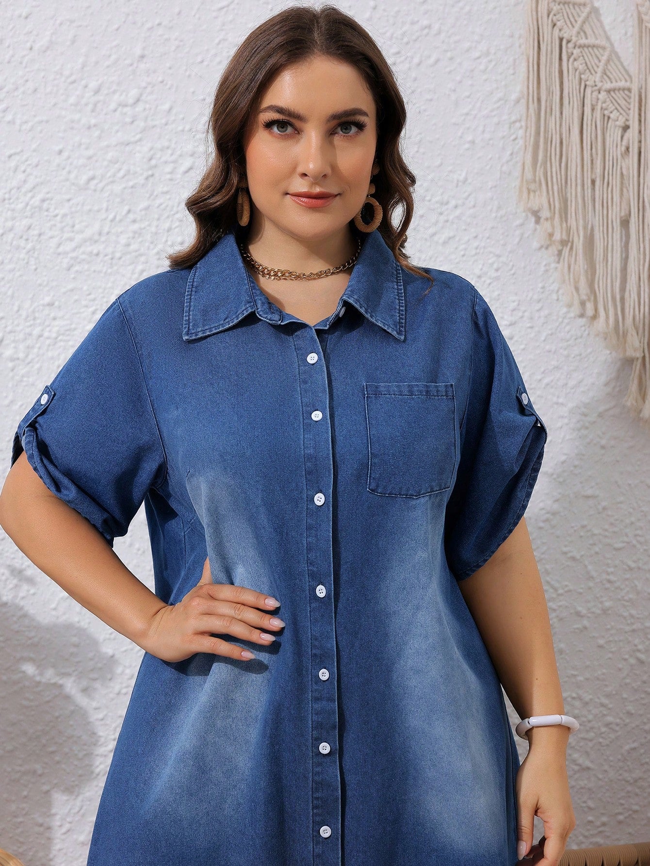 LUNE Plus Size Summer Denim Dress With Lapel Collar, Front Button Closure And Rolled Sleeves