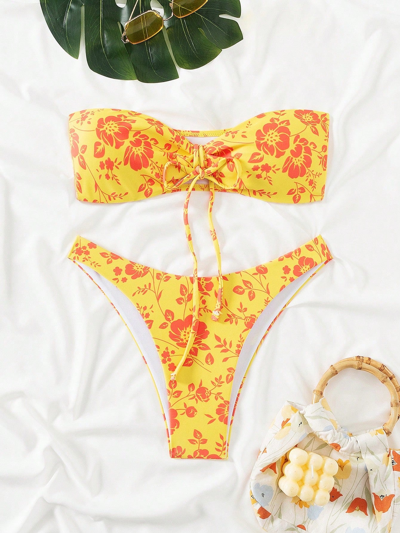 Swim Summer Beach Floral Bandeau High Cut Bikini Set