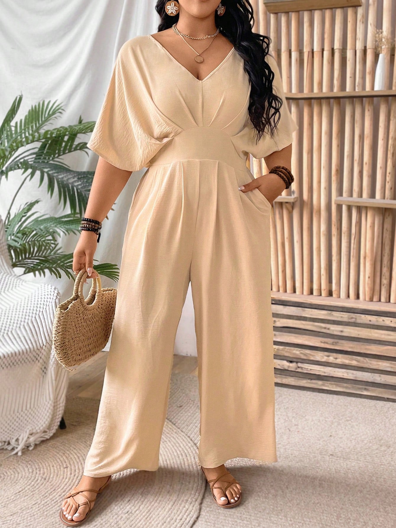 VCAY Plus Size Backless Short Sleeve Jumpsuit For Commuting