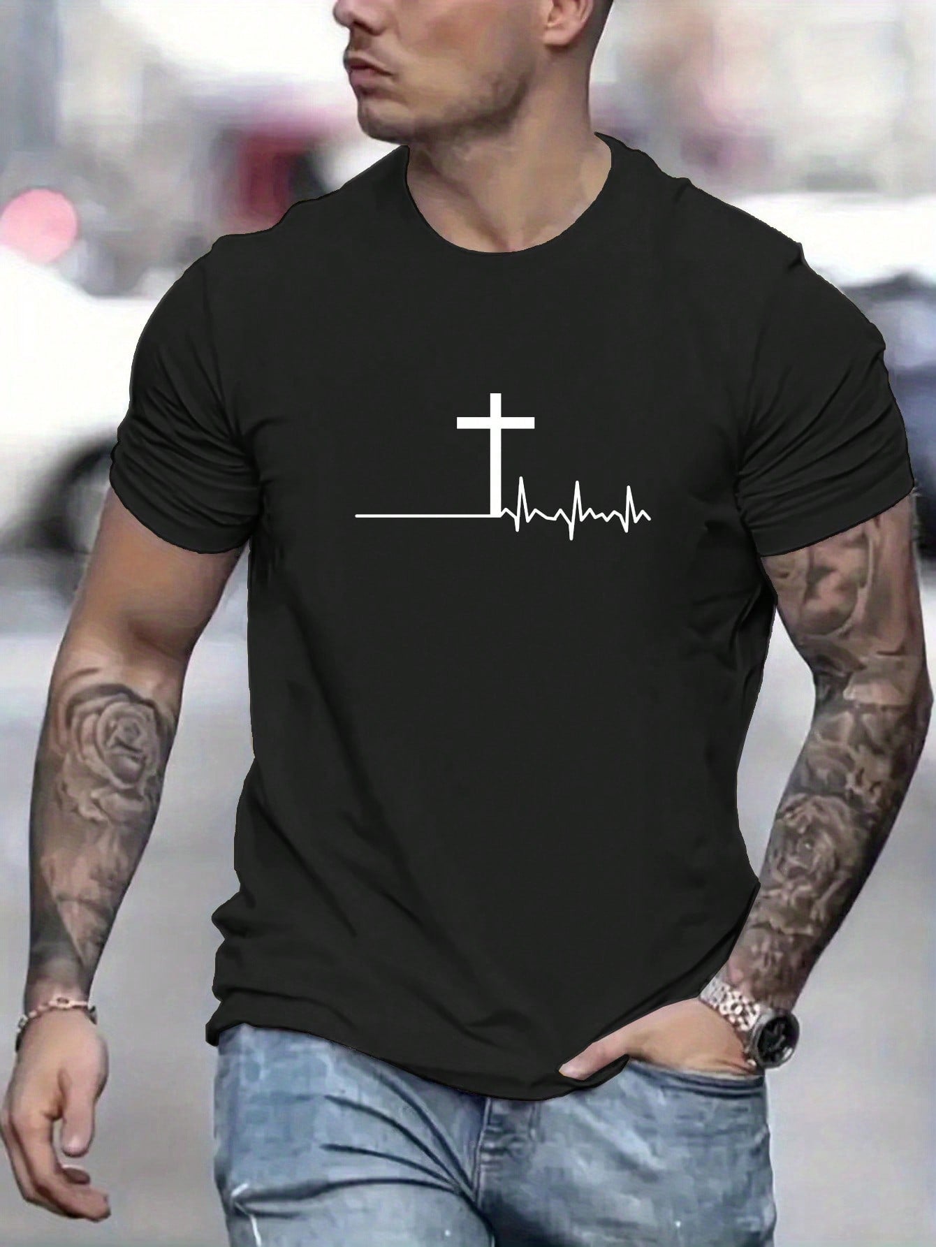 Manfinity Homme Men Summer Casual Short Sleeve T-Shirt With ECG And Cross Print