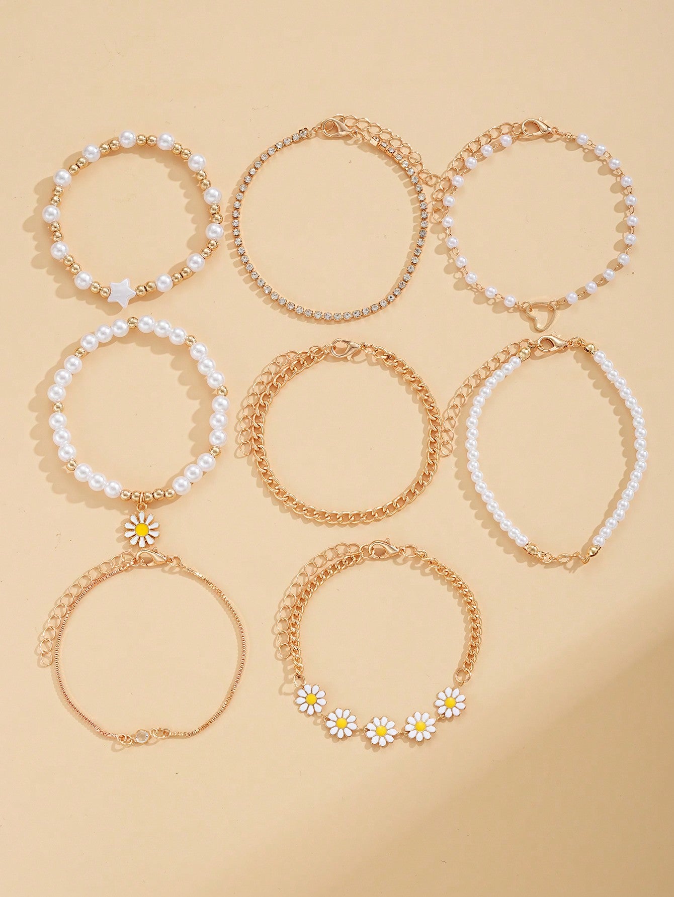 8pcs Cute Daisy Flower Heart & Faux Pearl Beaded Bracelet Set, Ideal For Women Dating Party Gifts