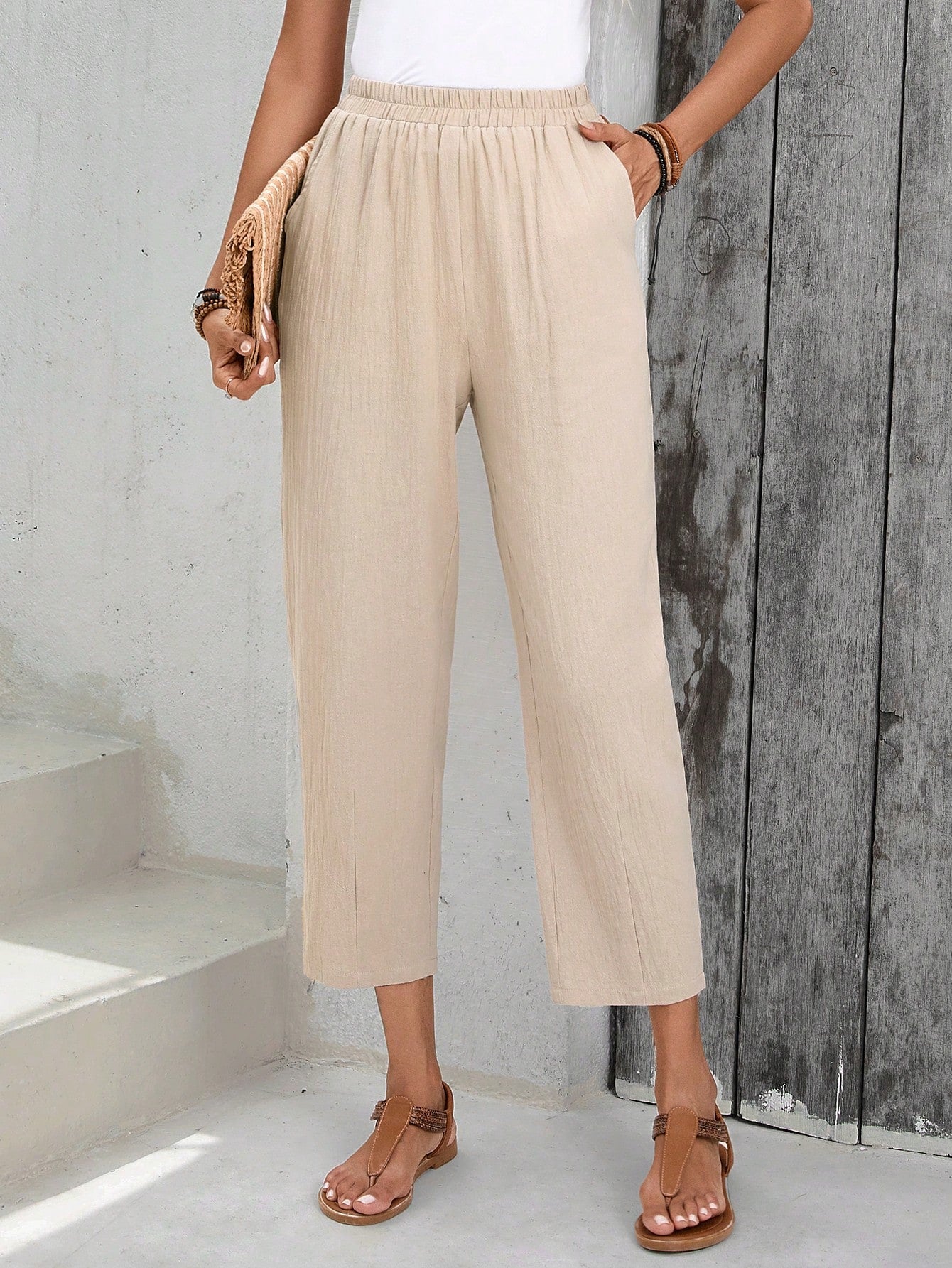 EMERY ROSE Elastic Waist All-Over Print Pants, Casual Daily Wear Airport Outfit