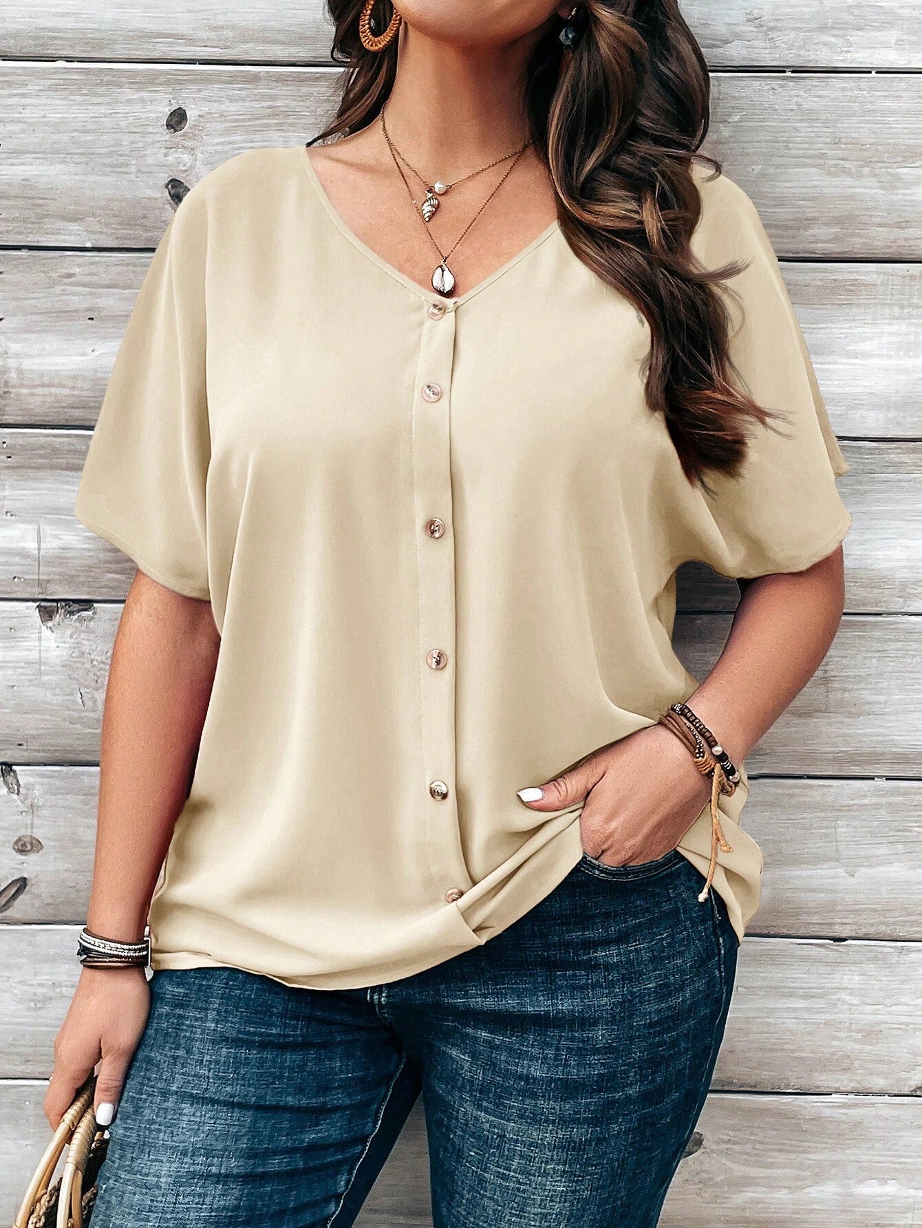 EMERY ROSE Plus Size Women's Orange Button Embellished Short Sleeve Blouse For Spring