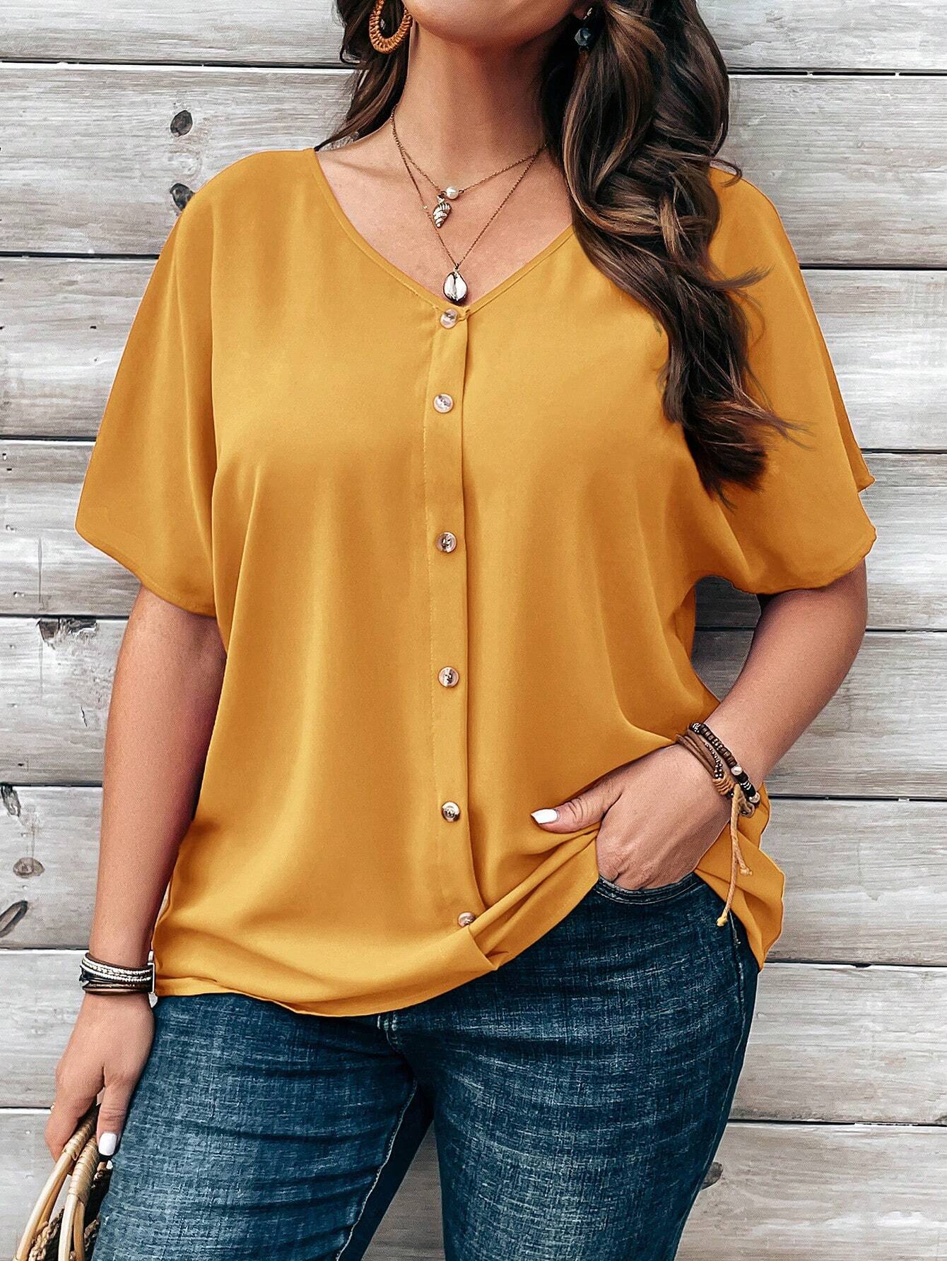 EMERY ROSE Plus Size Women's Orange Button Embellished Short Sleeve Blouse For Spring