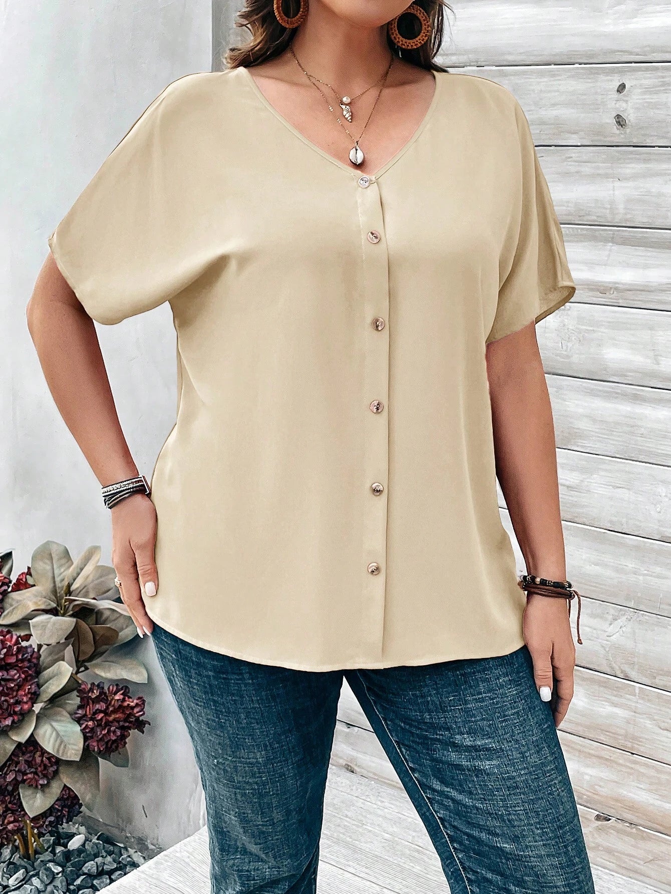 EMERY ROSE Plus Size Women's Orange Button Embellished Short Sleeve Blouse For Spring