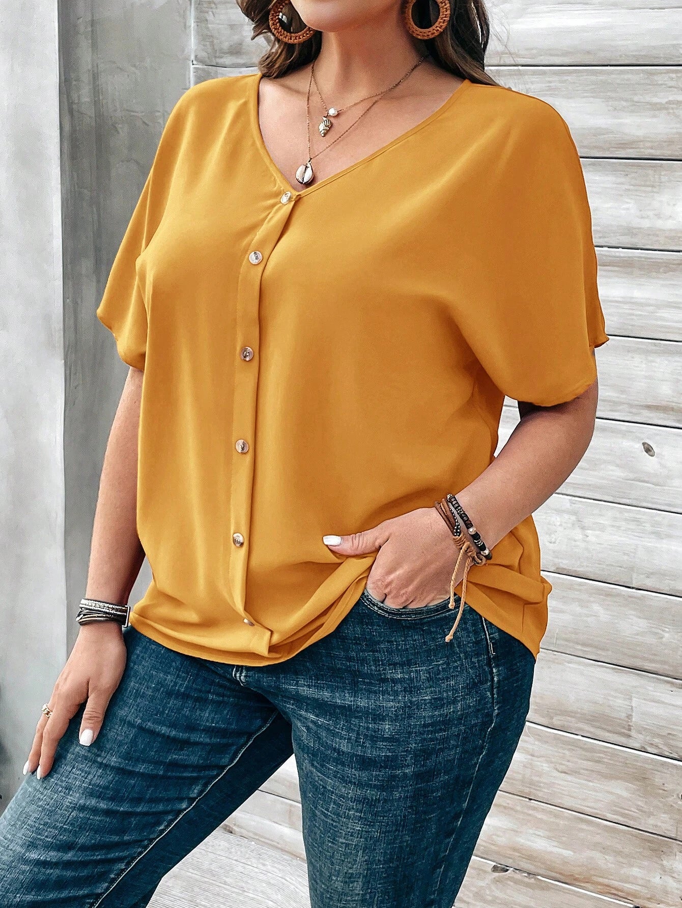 EMERY ROSE Plus Size Women's Orange Button Embellished Short Sleeve Blouse For Spring