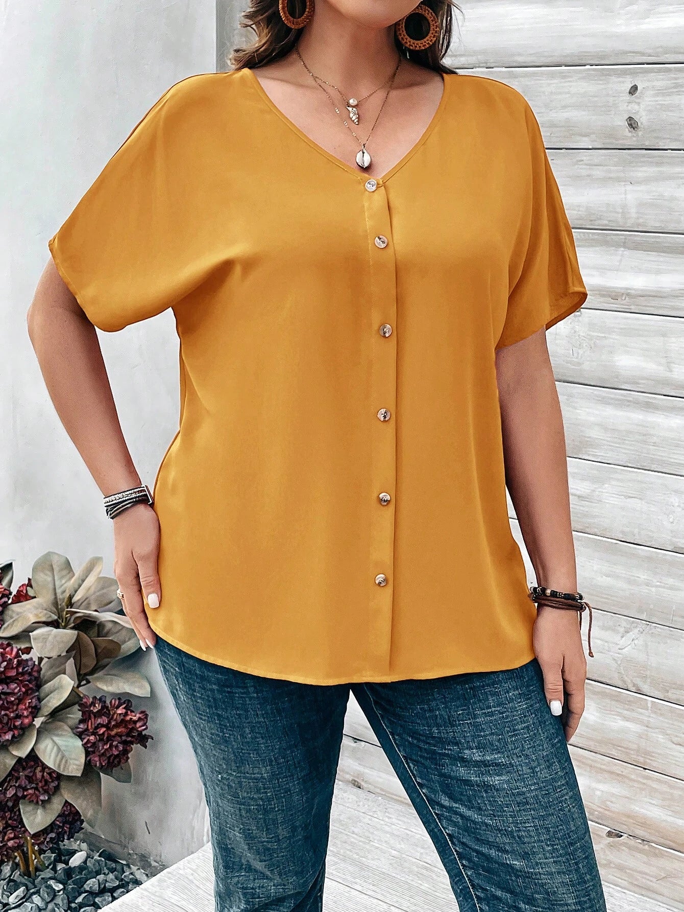 EMERY ROSE Plus Size Women's Orange Button Embellished Short Sleeve Blouse For Spring