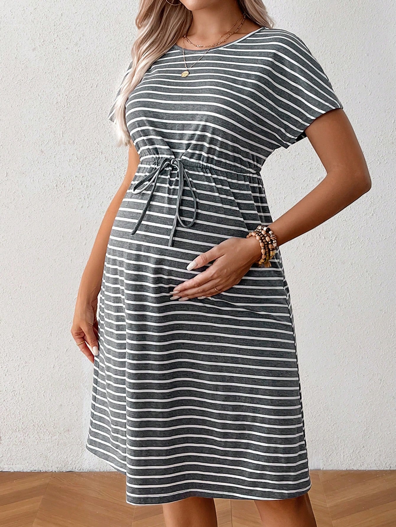 Summer Maternity Striped Print Casual Short Sleeve Dress