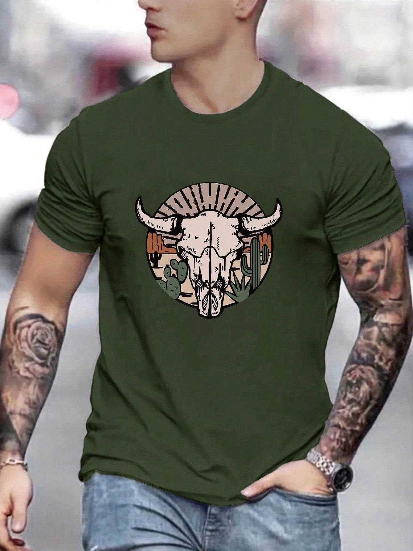 2024 Men's Summer Bull Head & Cactus Graphic Round Neck Short Sleeve Casual T-Shirt