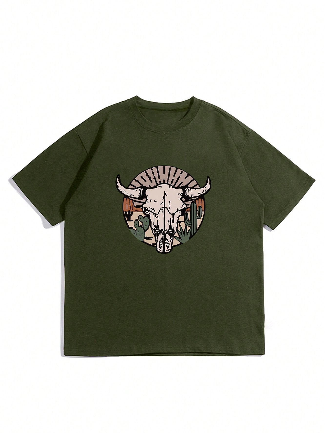 2024 Men's Summer Bull Head & Cactus Graphic Round Neck Short Sleeve Casual T-Shirt