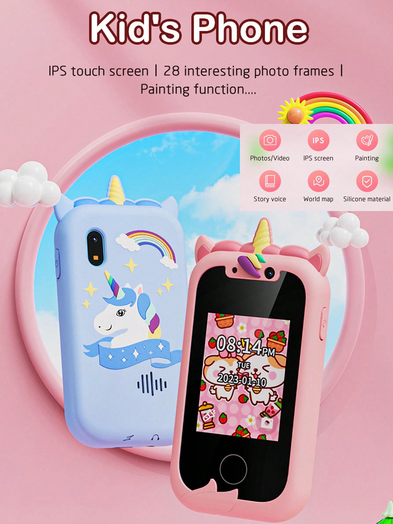 Christmas Decoration Kids Smart Phone For Girls Unicorns Gifts For Girls Toys 8-10 Years Old Phone Touchscreen Learning Toy Christmas Birthday Gifts For 3 4 5 6 7 8 9 Year Old Girls With 512MB SD Card