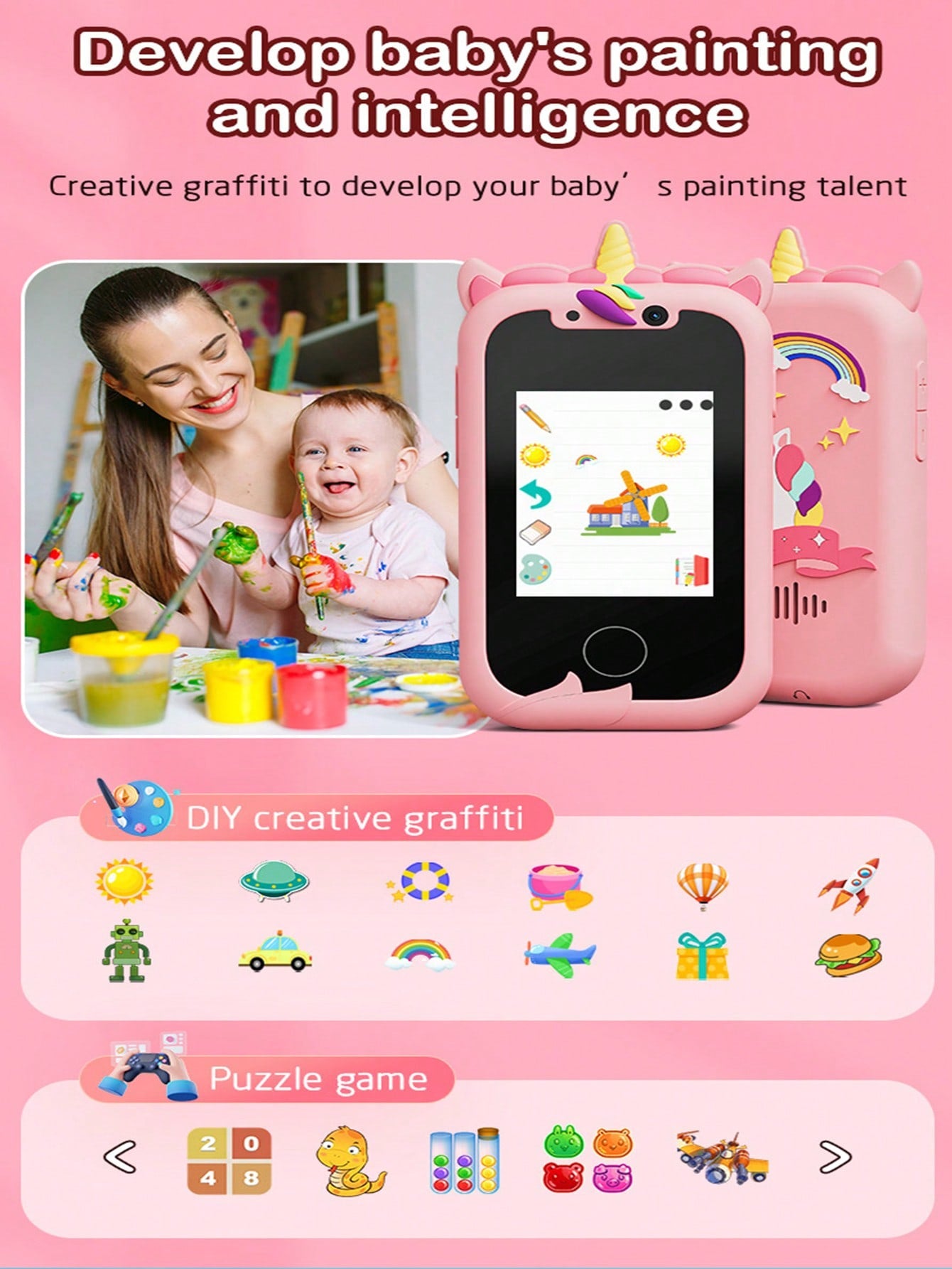 Christmas Decoration Kids Smart Phone For Girls Unicorns Gifts For Girls Toys 8-10 Years Old Phone Touchscreen Learning Toy Christmas Birthday Gifts For 3 4 5 6 7 8 9 Year Old Girls With 512MB SD Card