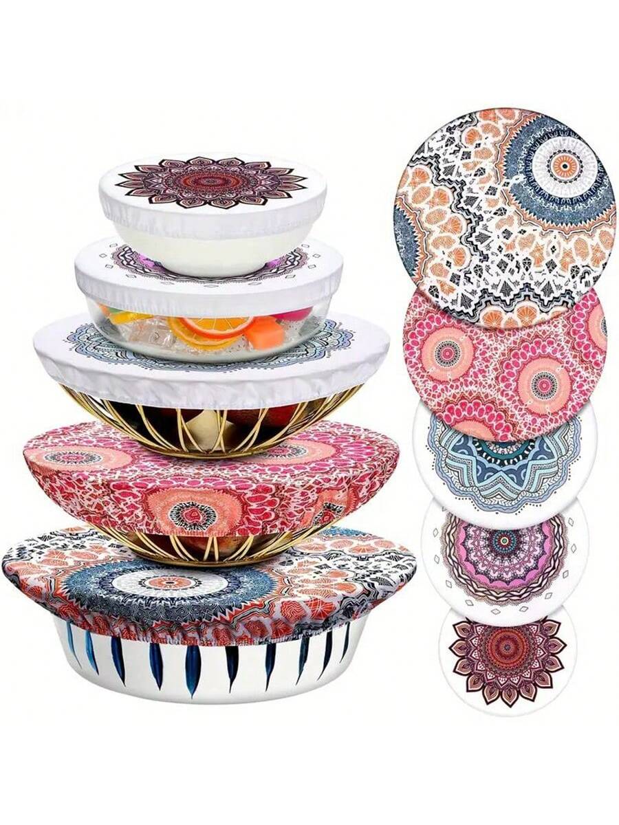 5 Pieces Oxford Cloth Bowl Covers, Reusable Salad Bowl Dust-Proof Cover Fresh-Keeping Wrap With Digital Printing Pattern