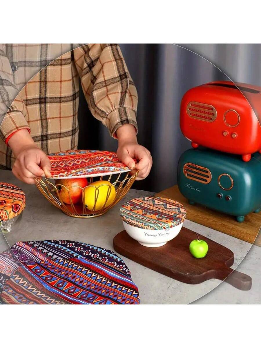 5 Pieces Oxford Cloth Bowl Covers, Reusable Salad Bowl Dust-Proof Cover Fresh-Keeping Wrap With Digital Printing Pattern