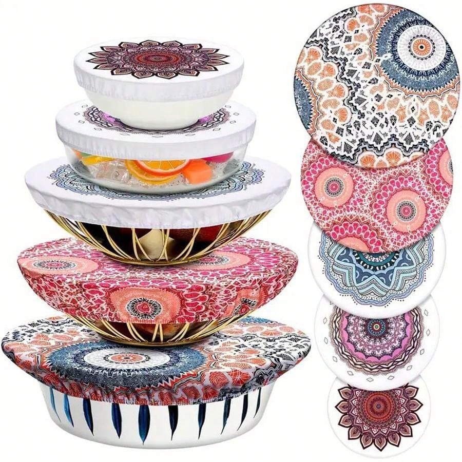 5 Pieces Oxford Cloth Bowl Covers, Reusable Salad Bowl Dust-Proof Cover Fresh-Keeping Wrap With Digital Printing Pattern