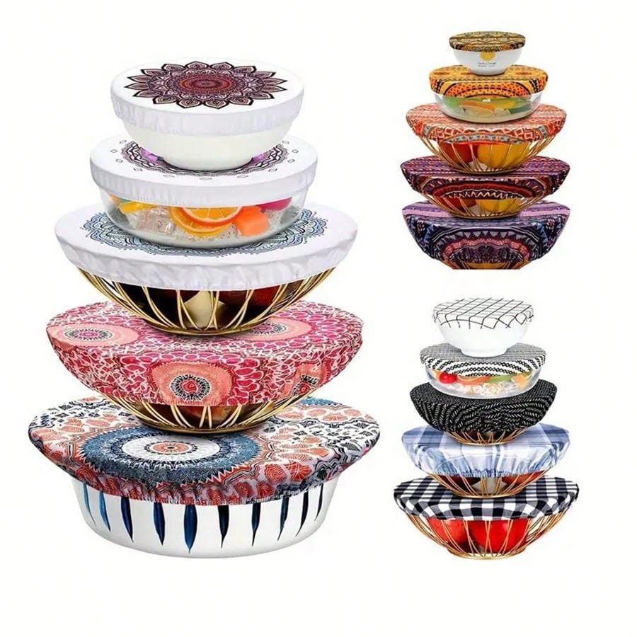 5 Pieces Oxford Cloth Bowl Covers, Reusable Salad Bowl Dust-Proof Cover Fresh-Keeping Wrap With Digital Printing Pattern