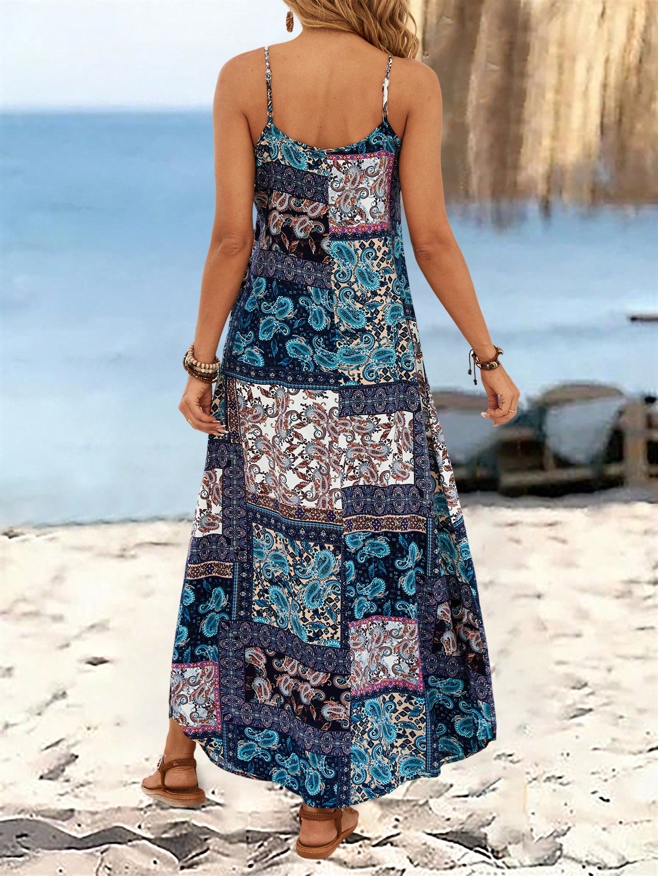 EMERY ROSE Women Summer Holiday Loose Peasant Print Spaghetti Strap Dress