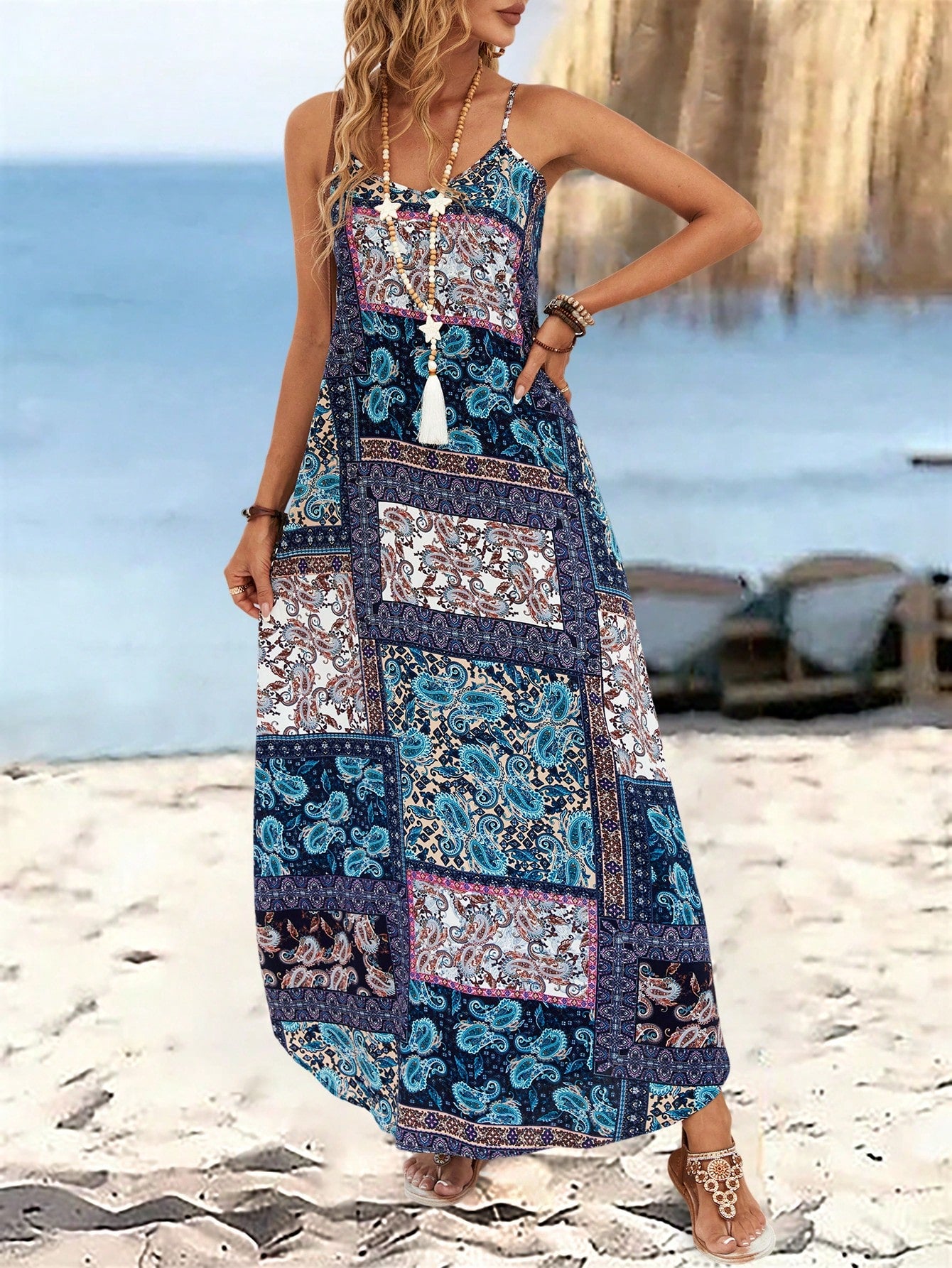 EMERY ROSE Women Summer Holiday Loose Peasant Print Spaghetti Strap Dress