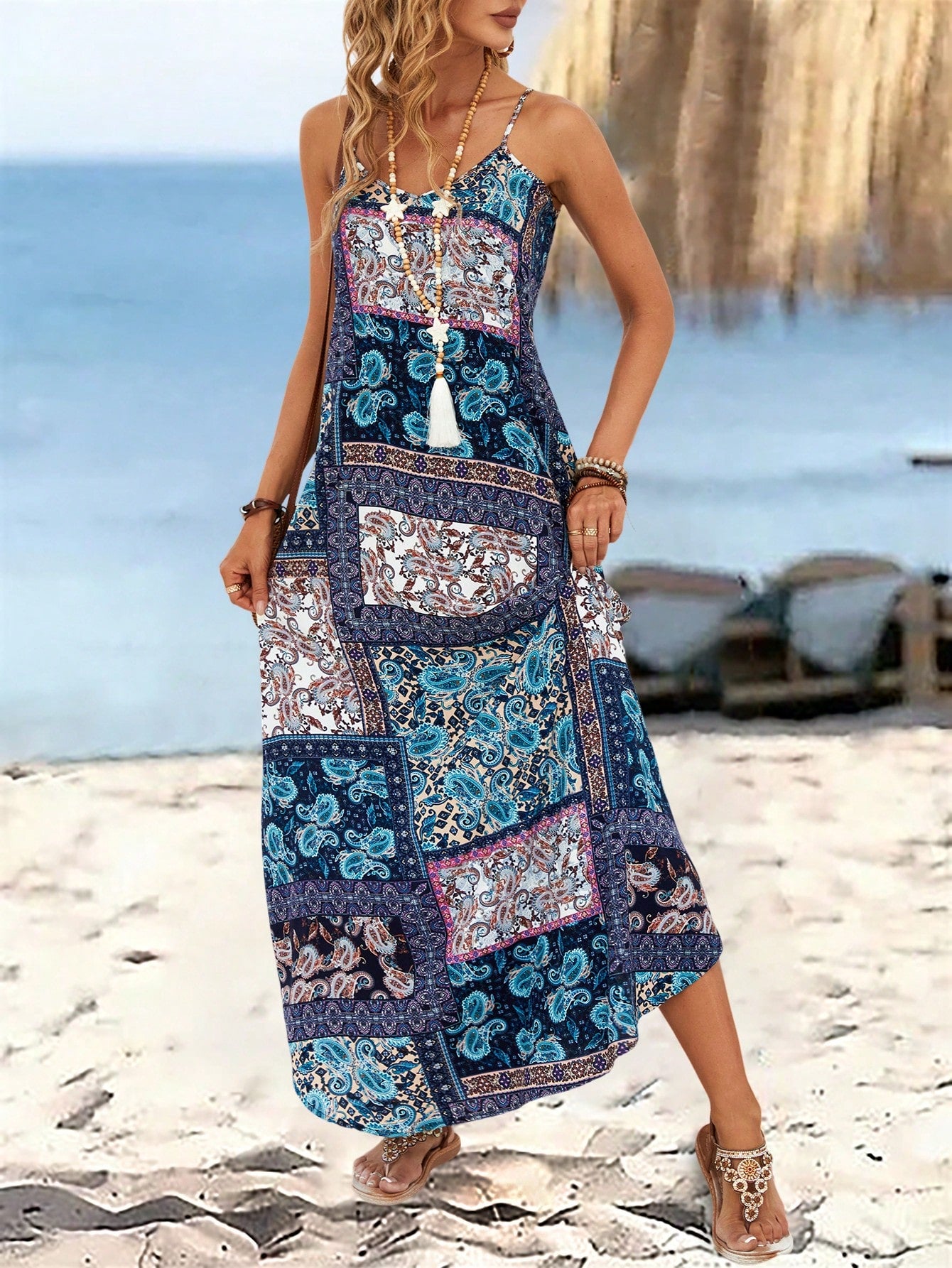 EMERY ROSE Women Summer Holiday Loose Peasant Print Spaghetti Strap Dress