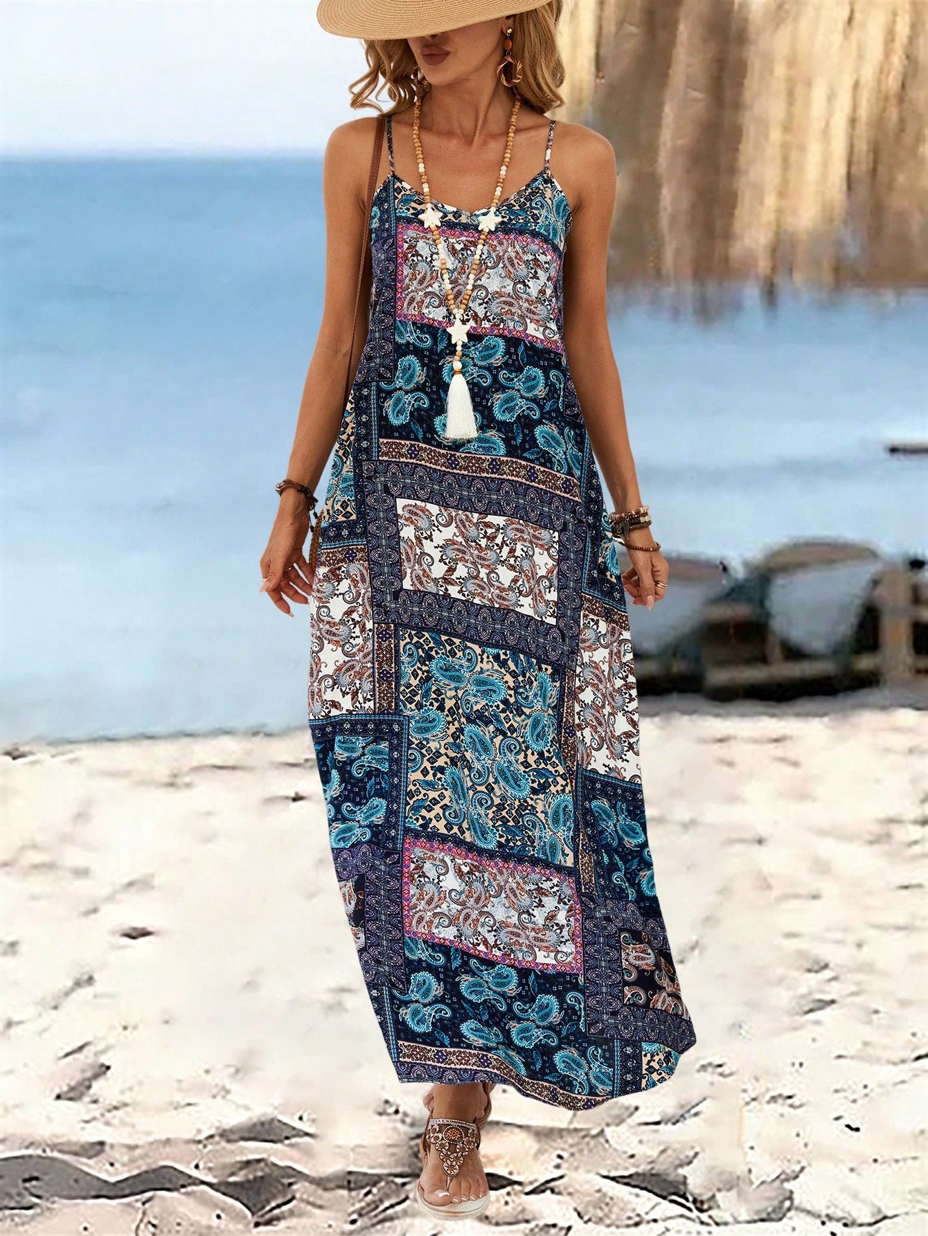 EMERY ROSE Women Summer Holiday Loose Peasant Print Spaghetti Strap Dress