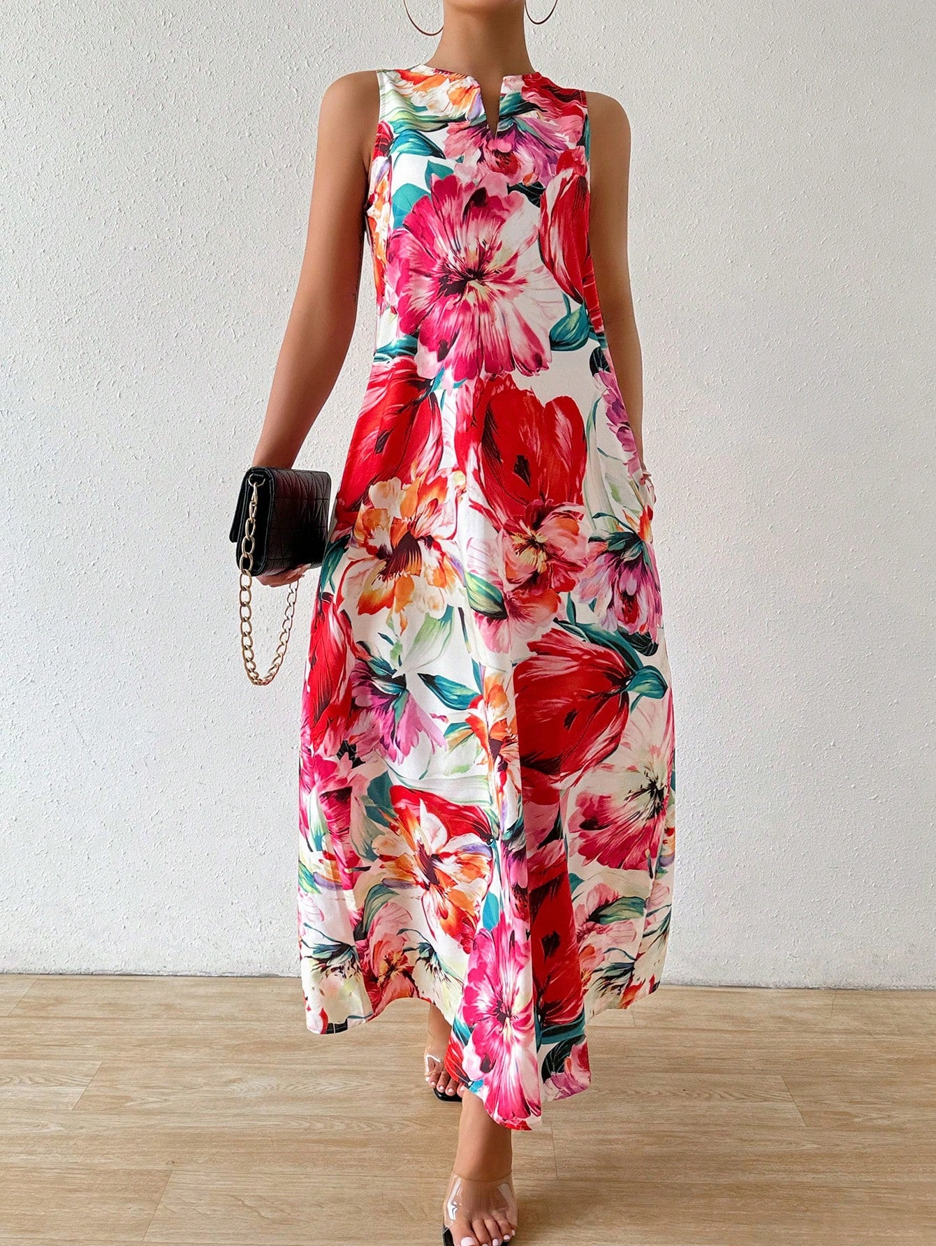 Unity Holiday Leisure Random Flower Printed Notched Neck Sleeveless Maxi Dress With Slit