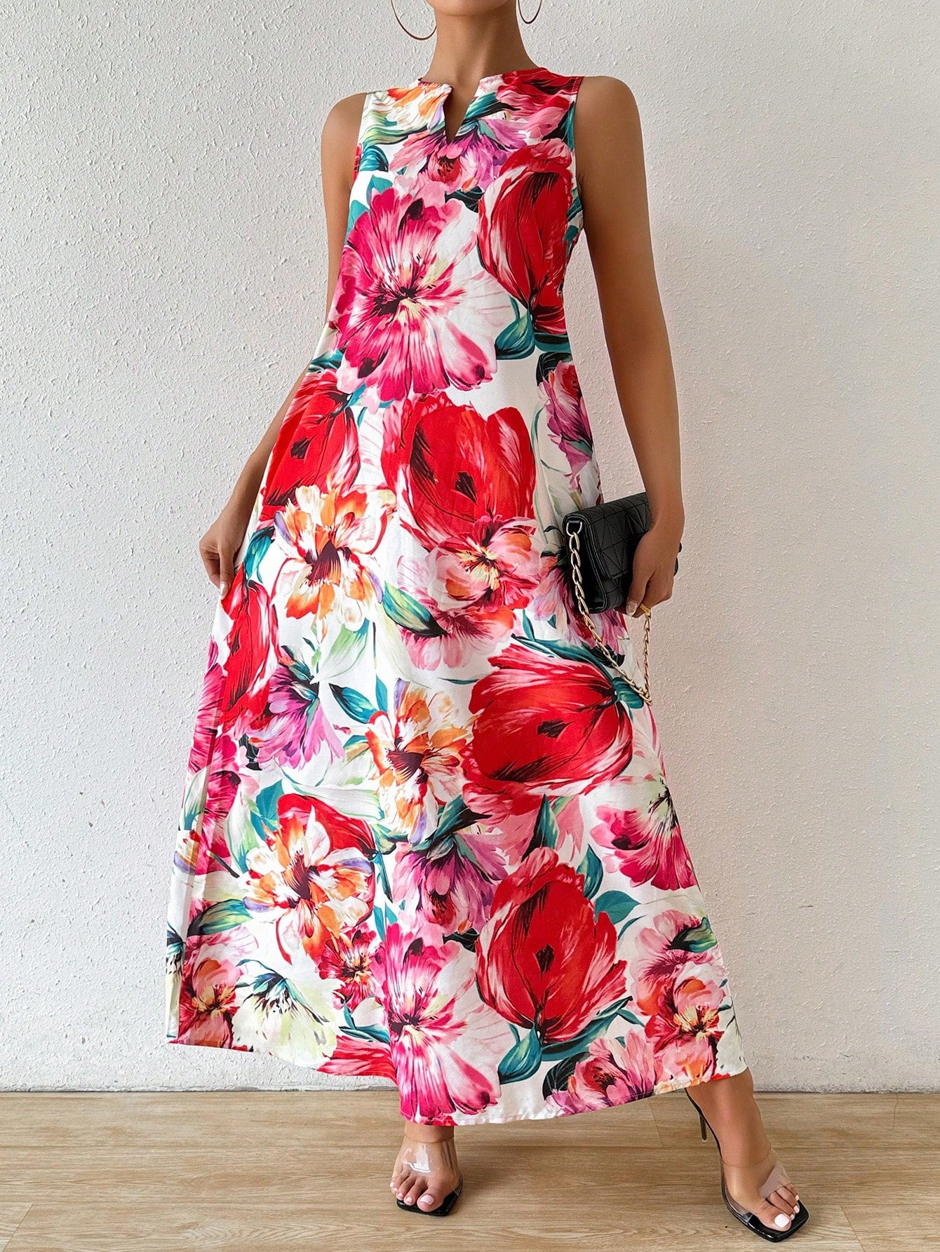 Unity Holiday Leisure Random Flower Printed Notched Neck Sleeveless Maxi Dress With Slit