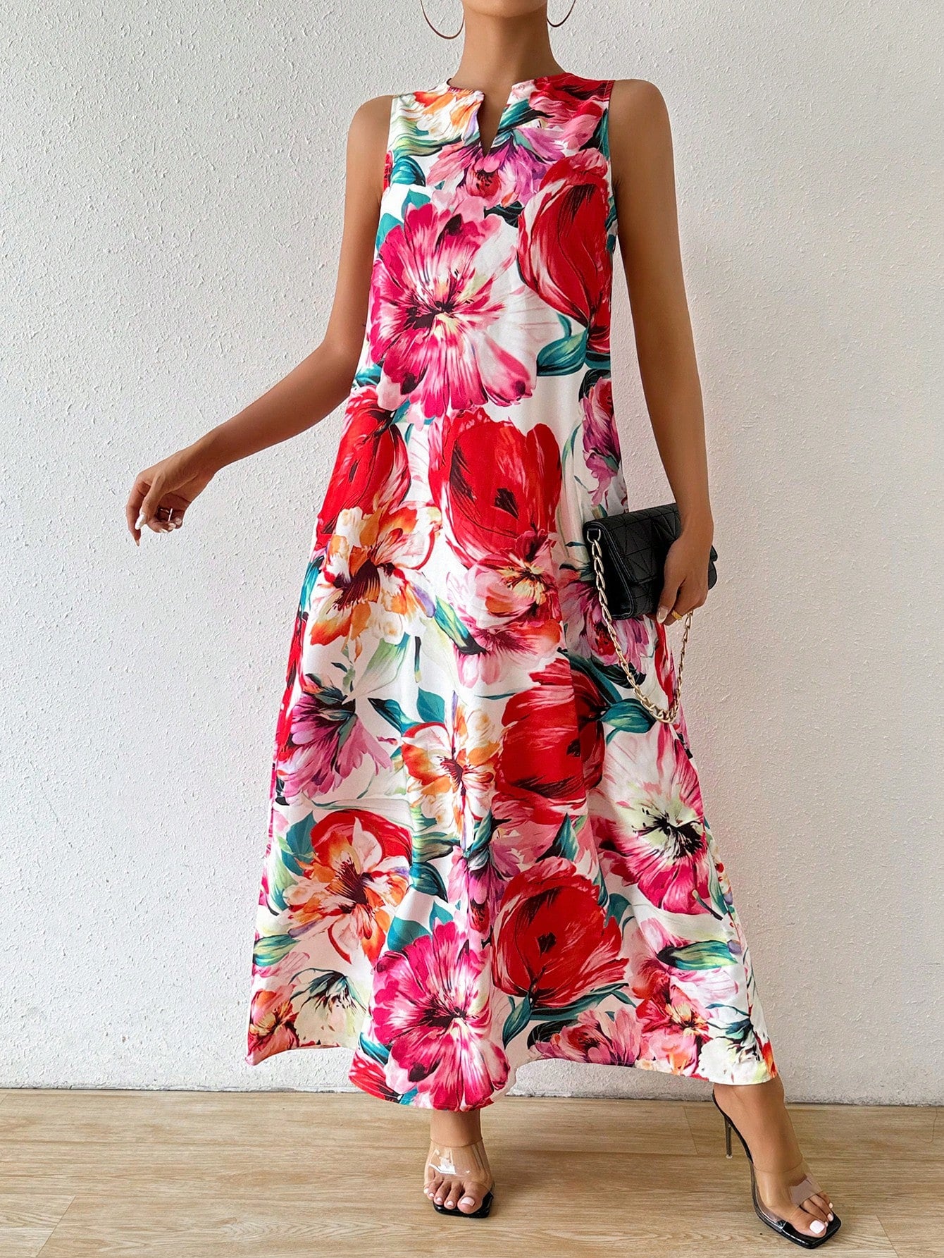 Unity Holiday Leisure Random Flower Printed Notched Neck Sleeveless Maxi Dress With Slit