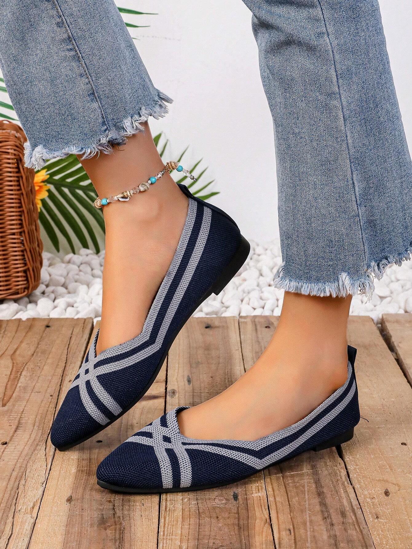 Knitted Women Breathable Flat Shoes, Elegant Pointed Formal Shoes, Striped Color Blocking Loafers