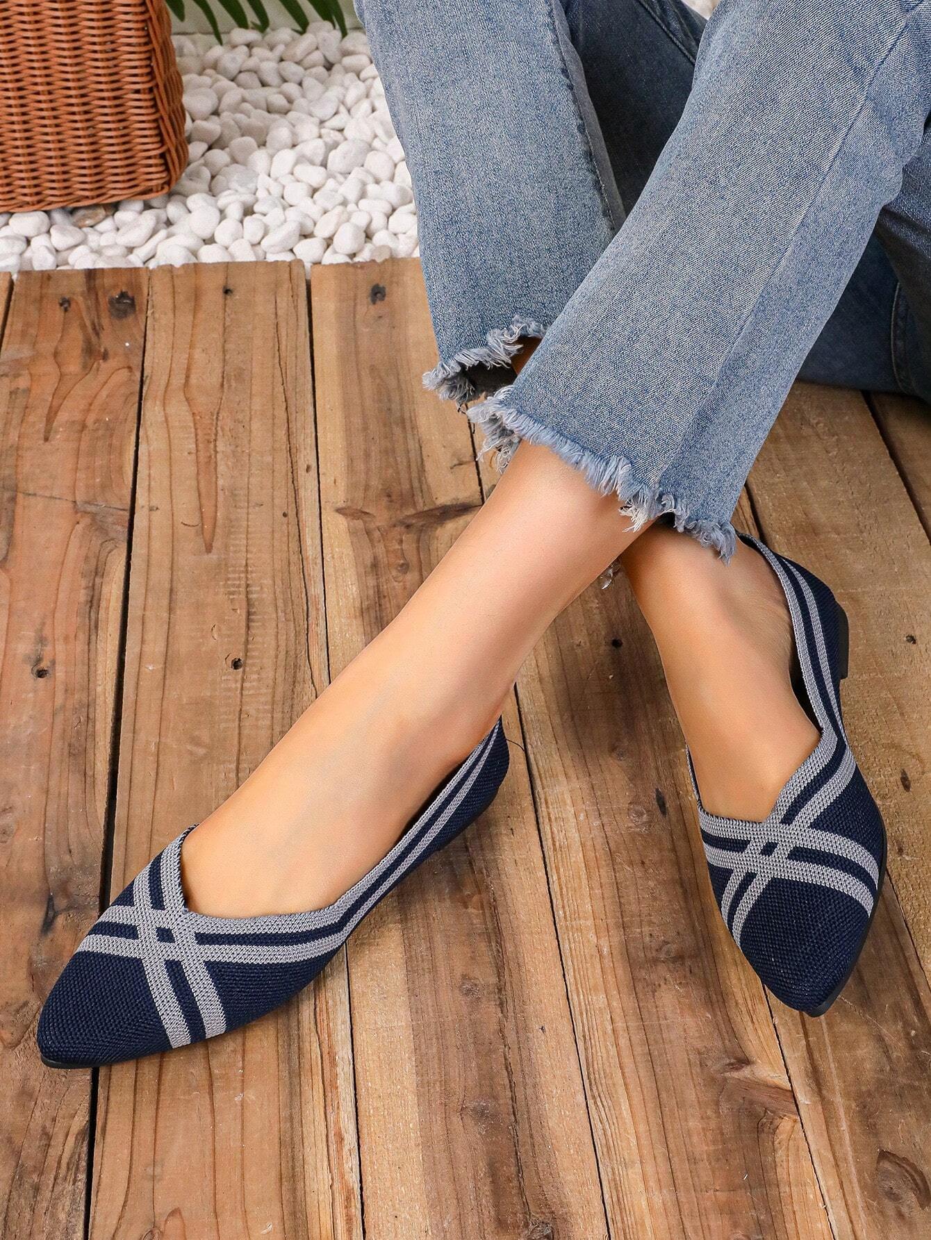 Knitted Women Breathable Flat Shoes, Elegant Pointed Formal Shoes, Striped Color Blocking Loafers