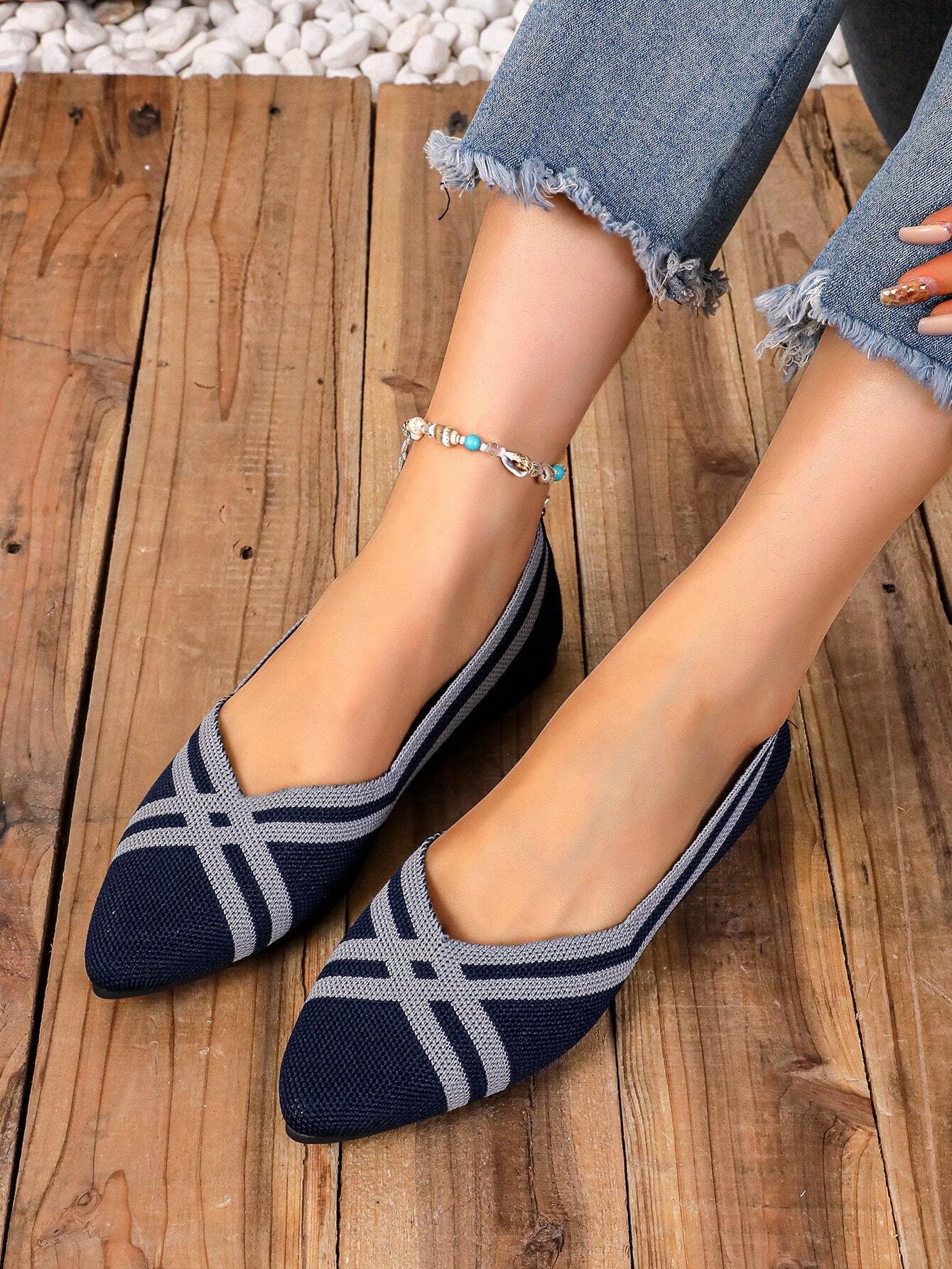 Knitted Women Breathable Flat Shoes, Elegant Pointed Formal Shoes, Striped Color Blocking Loafers