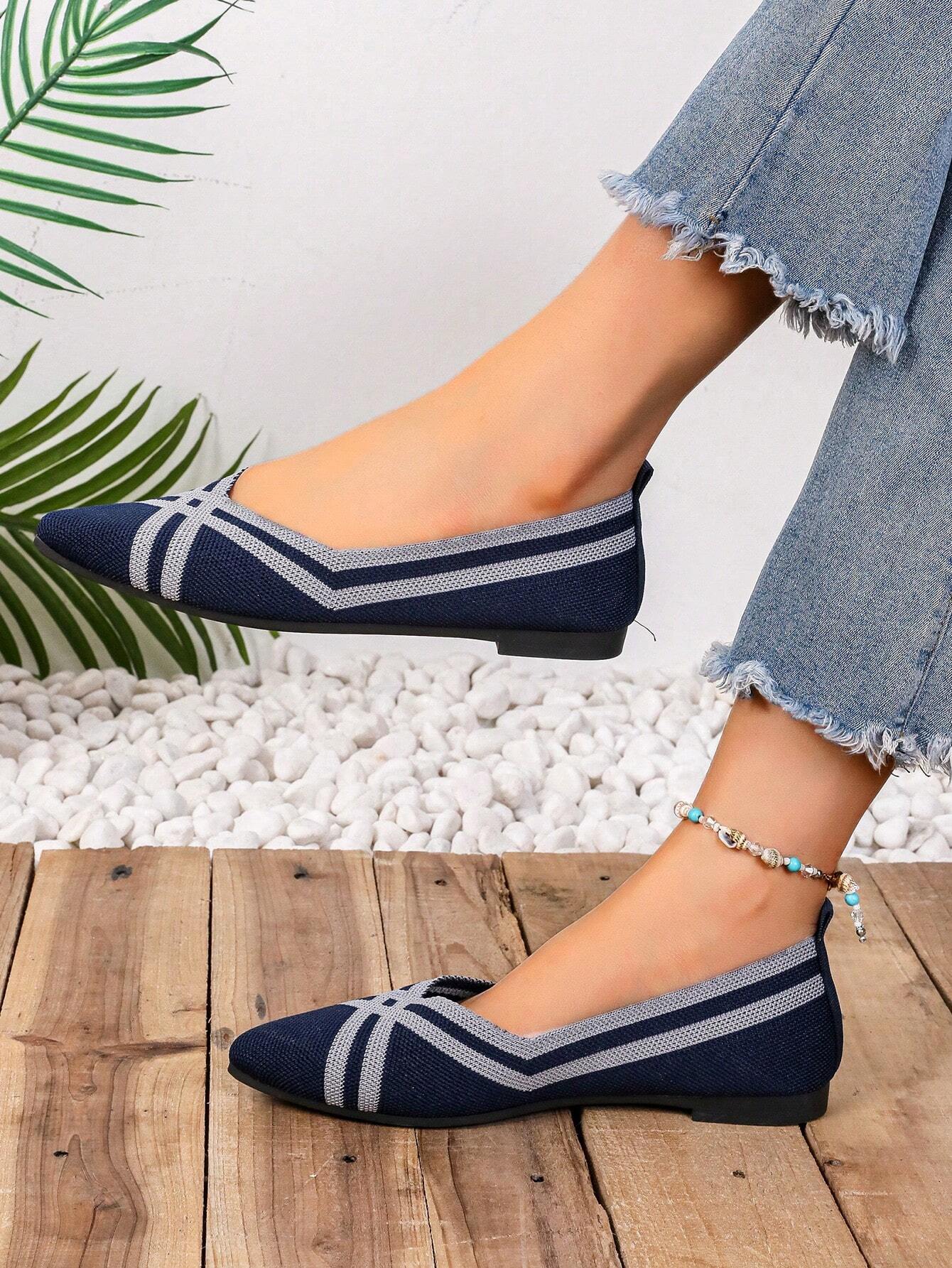 Knitted Women Breathable Flat Shoes, Elegant Pointed Formal Shoes, Striped Color Blocking Loafers